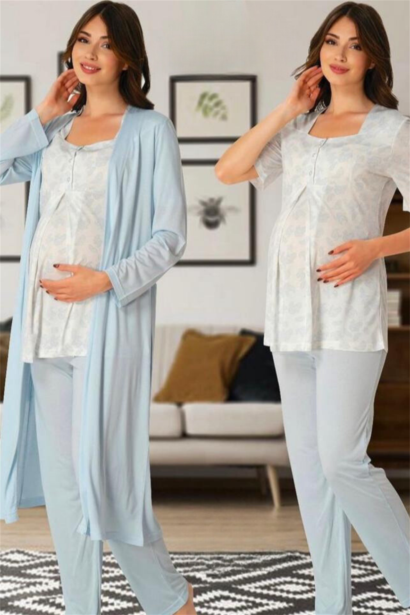 Effortt 8014 Mavi Şal Desenli Sabahlıklı Lohusa Pijama