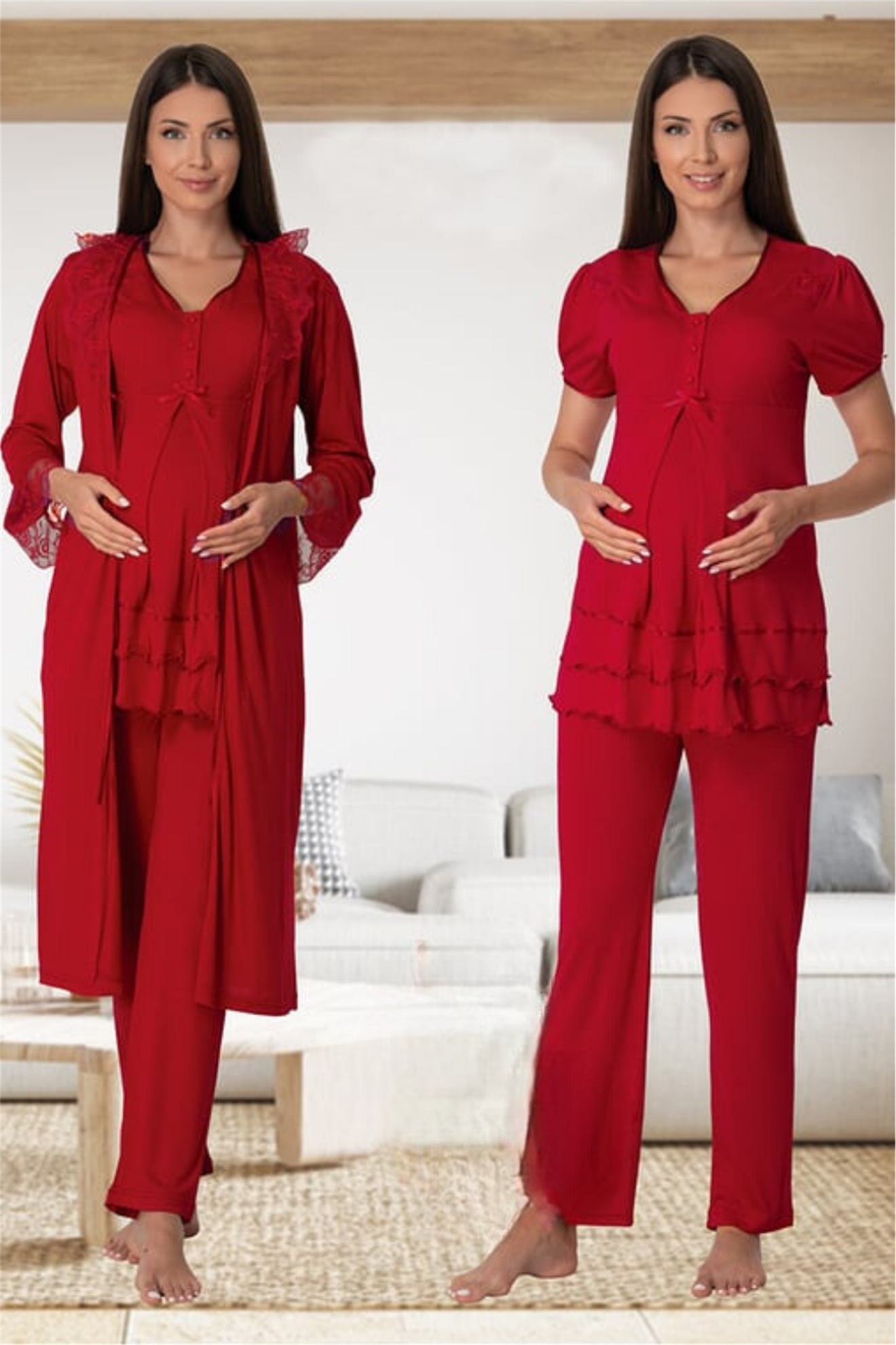 Effortt 8024 Vişne Dantel Sabahlıklı Lohusa Pijama
