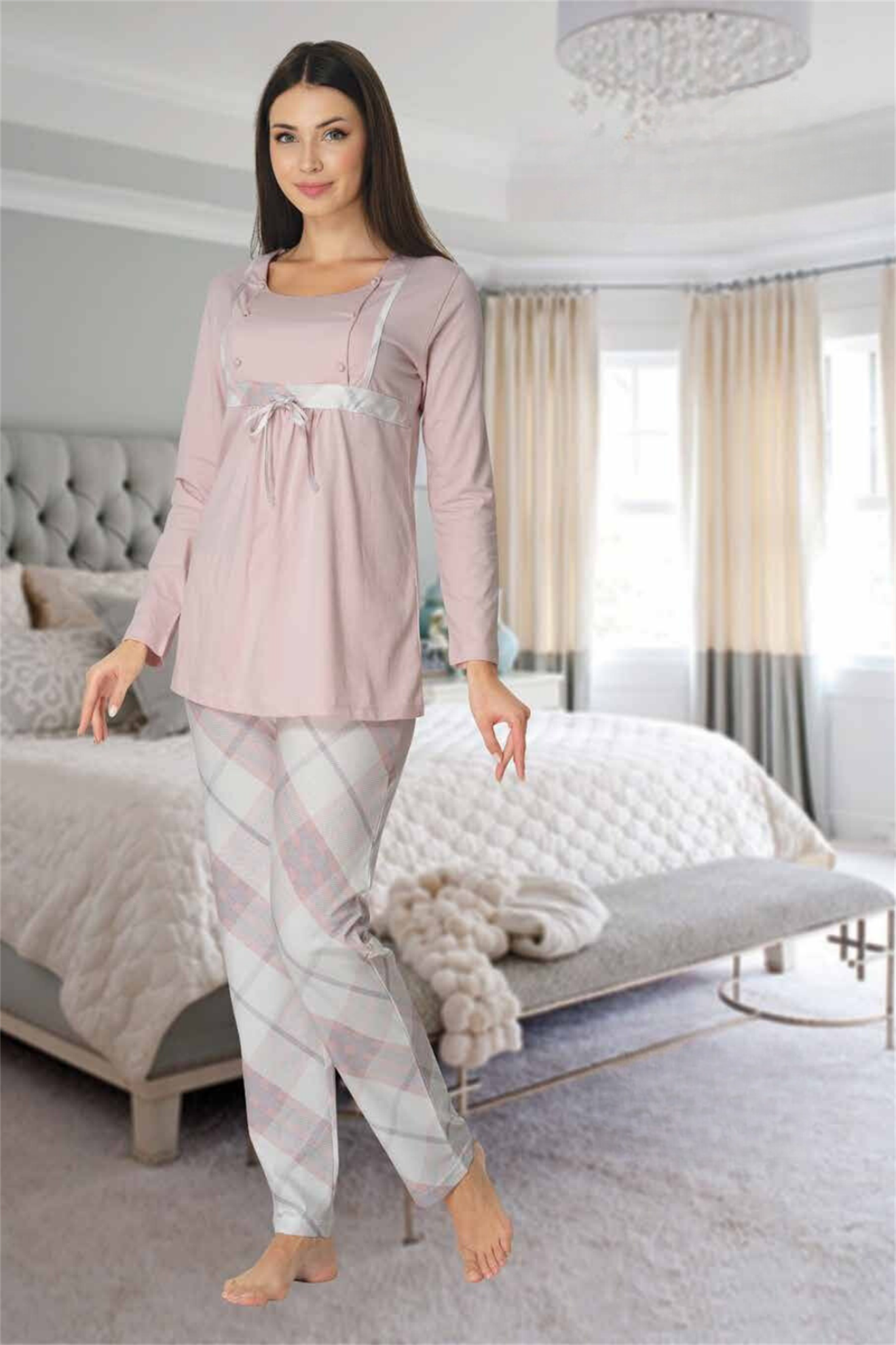 Effortt 8082 Pudra Ekose Desenli Lohusa Pijama