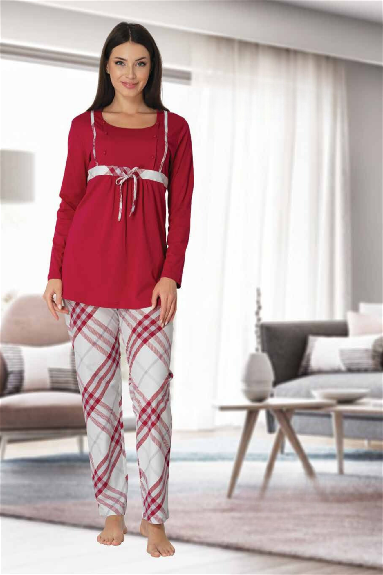 Effortt 8082 Vişne Ekose Desenli Lohusa Pijama