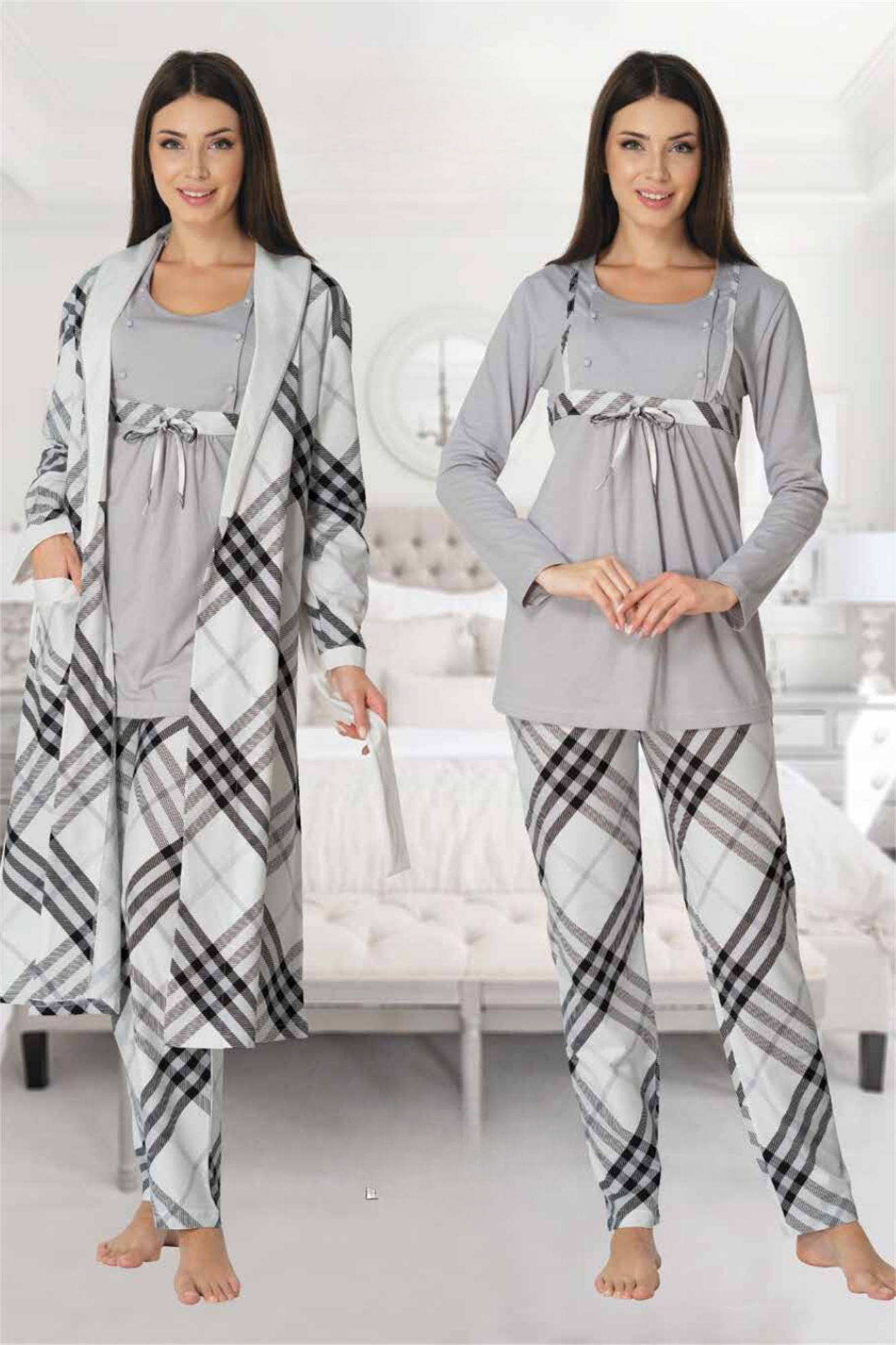Effortt 8084 Gri Ekose Desenli Sabahlıklı Lohusa Pijama