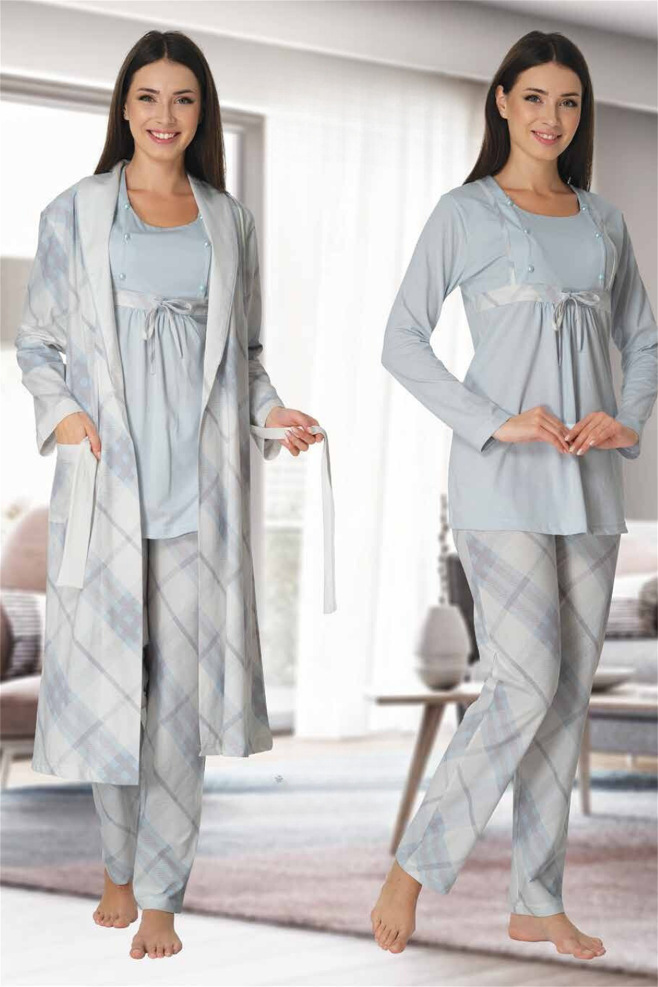 Effortt 8084 Mavi Ekose Desenli Sabahlıklı Lohusa Pijama