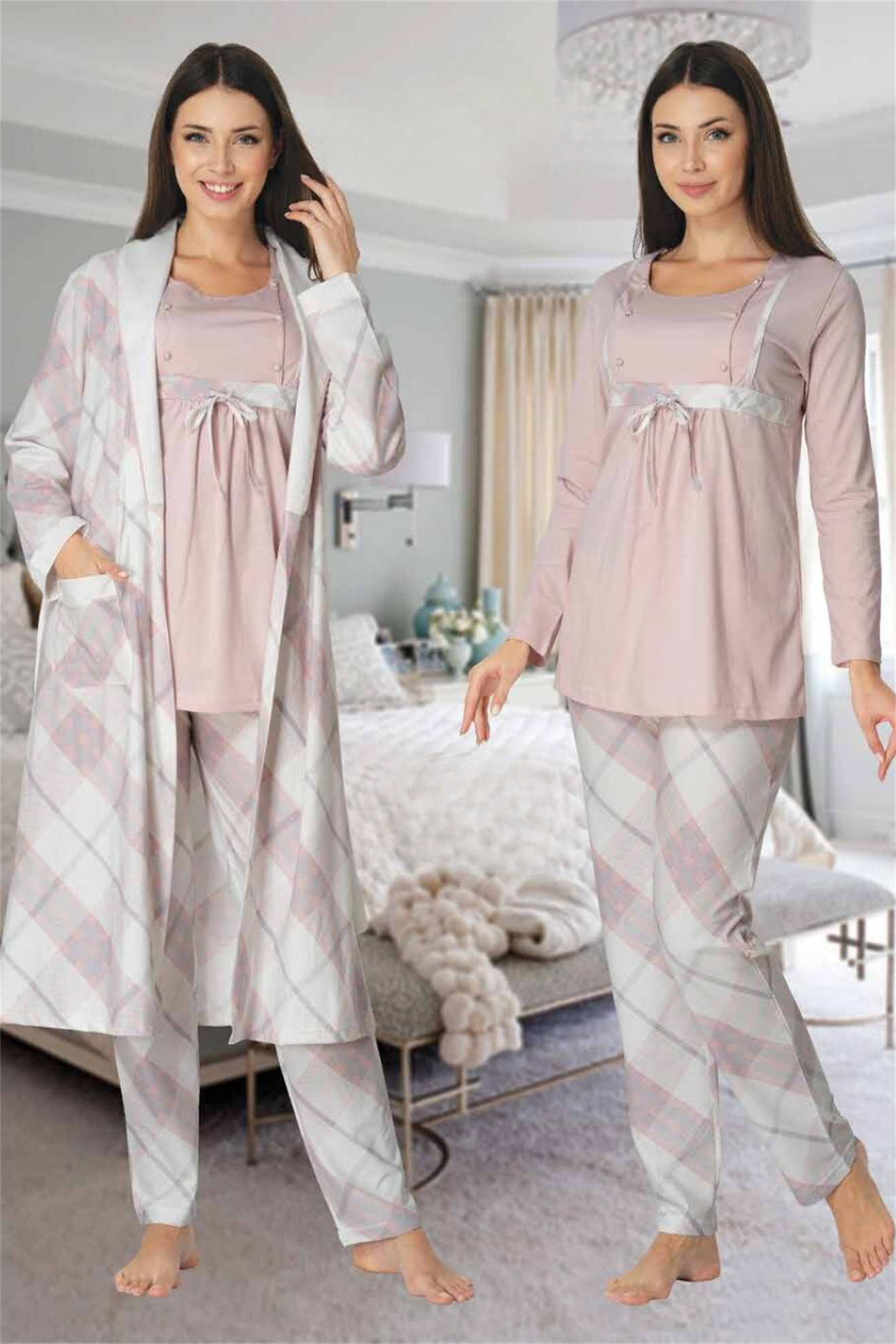 Effortt 8084 Pudra Ekose Desenli Sabahlıklı Lohusa Pijama