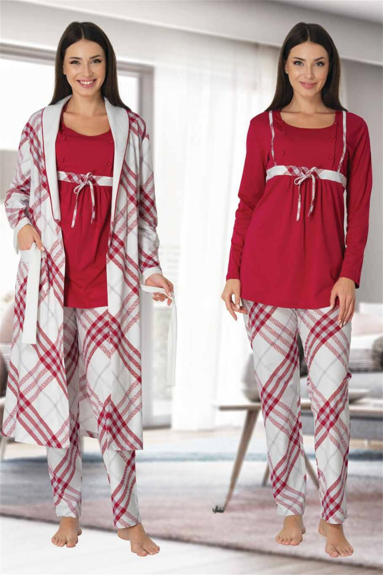 Effortt 8084 Vişne Ekose Desenli Sabahlıklı Lohusa Pijama
