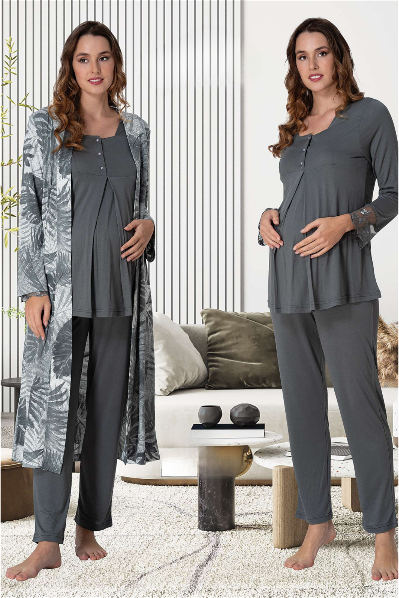Effortt 9044 Gri Desenli Sabahlıklı Lohusa Pijama