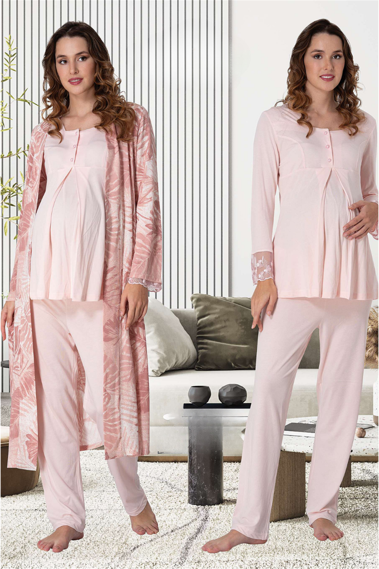 Effortt 9044 Pudra Desenli Sabahlıklı Lohusa Pijama
