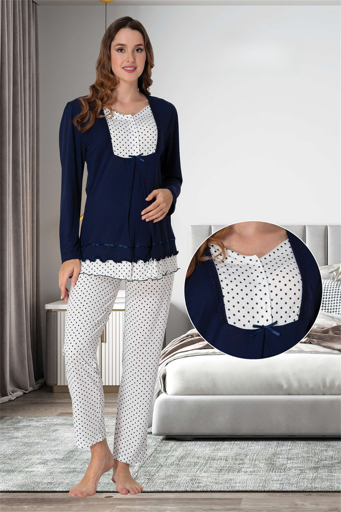 Effortt 9052 Lacivert Puan Detaylı Lohusa Pijama