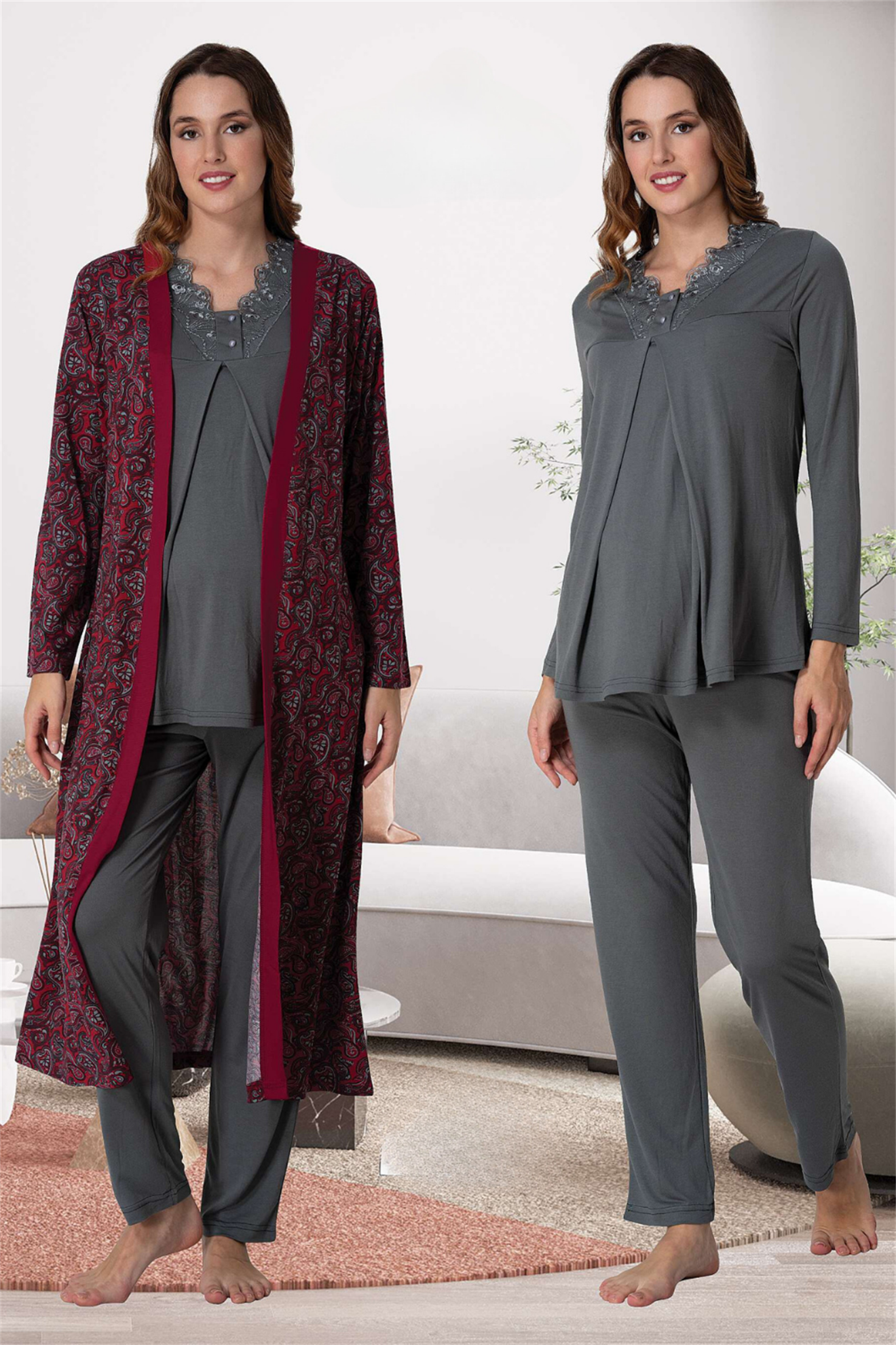 Effortt 9058 Antrasit Sabahlıklı Lohusa Pijama