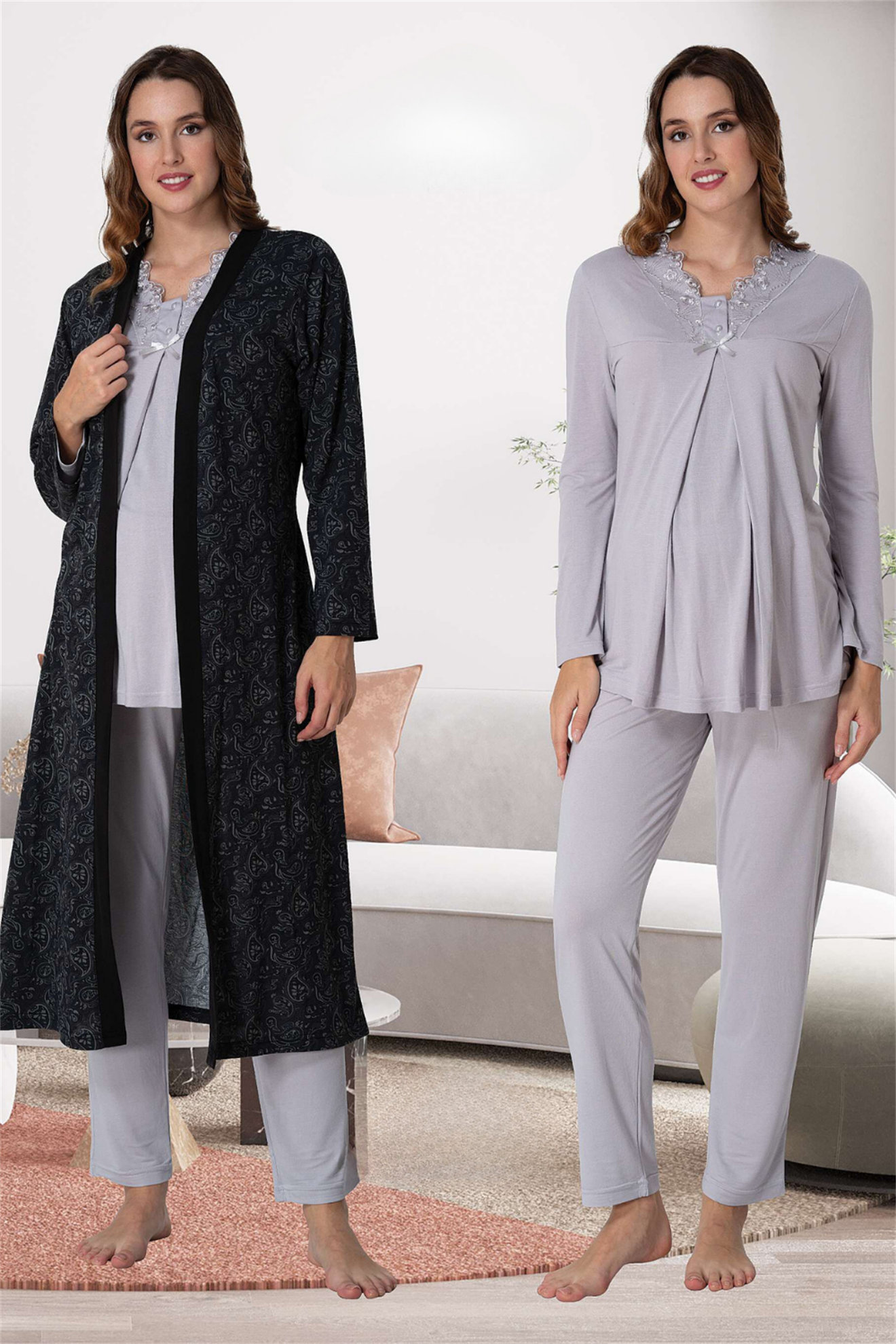 Effortt 9058 Gri Sabahlıklı Lohusa Pijama
