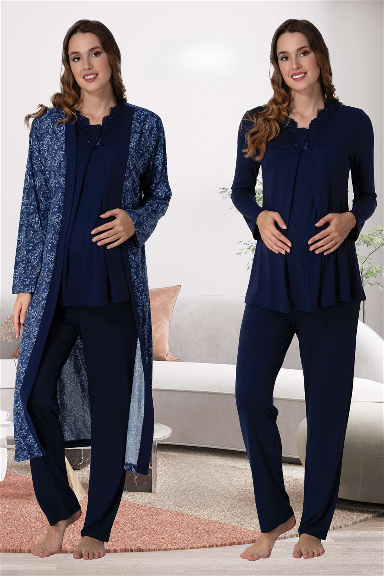 Effortt 9058 Lacivert Sabahlıklı Lohusa Pijama