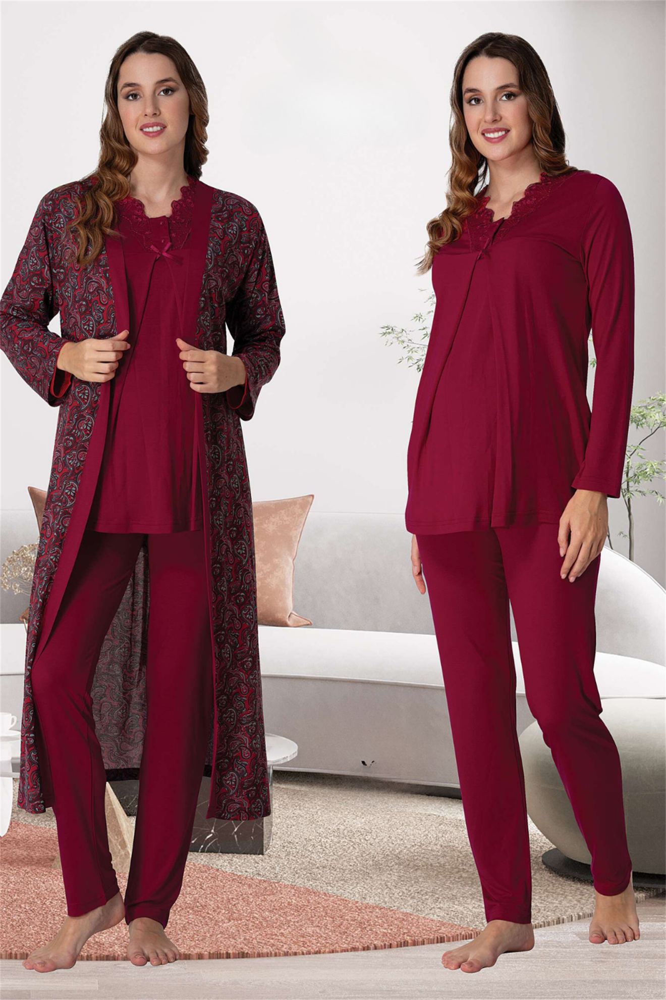 Effortt 9058 Vişne Sabahlıklı Lohusa Pijama