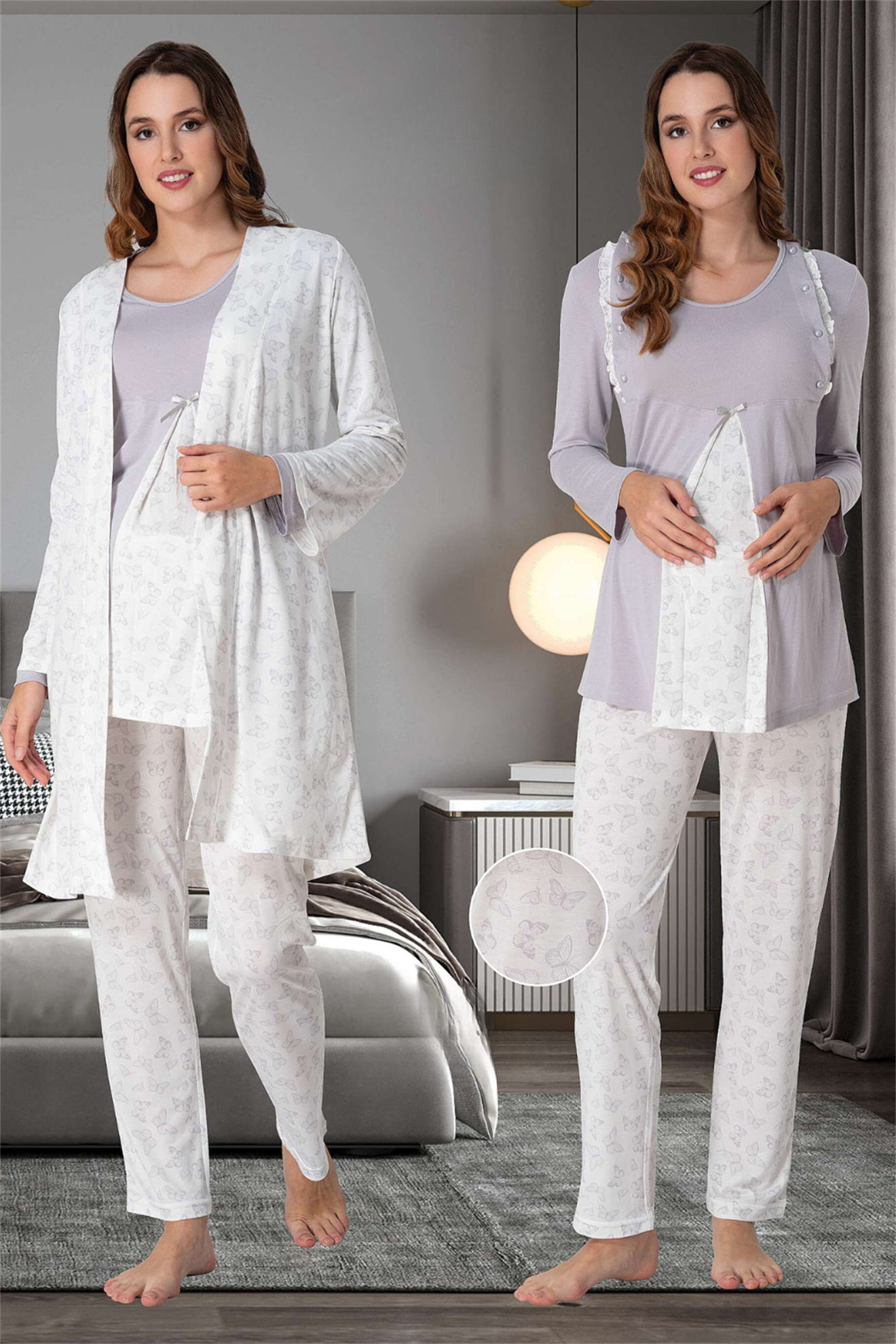 Effortt 9068 Gri Sabahlıklı Lohusa Pijama