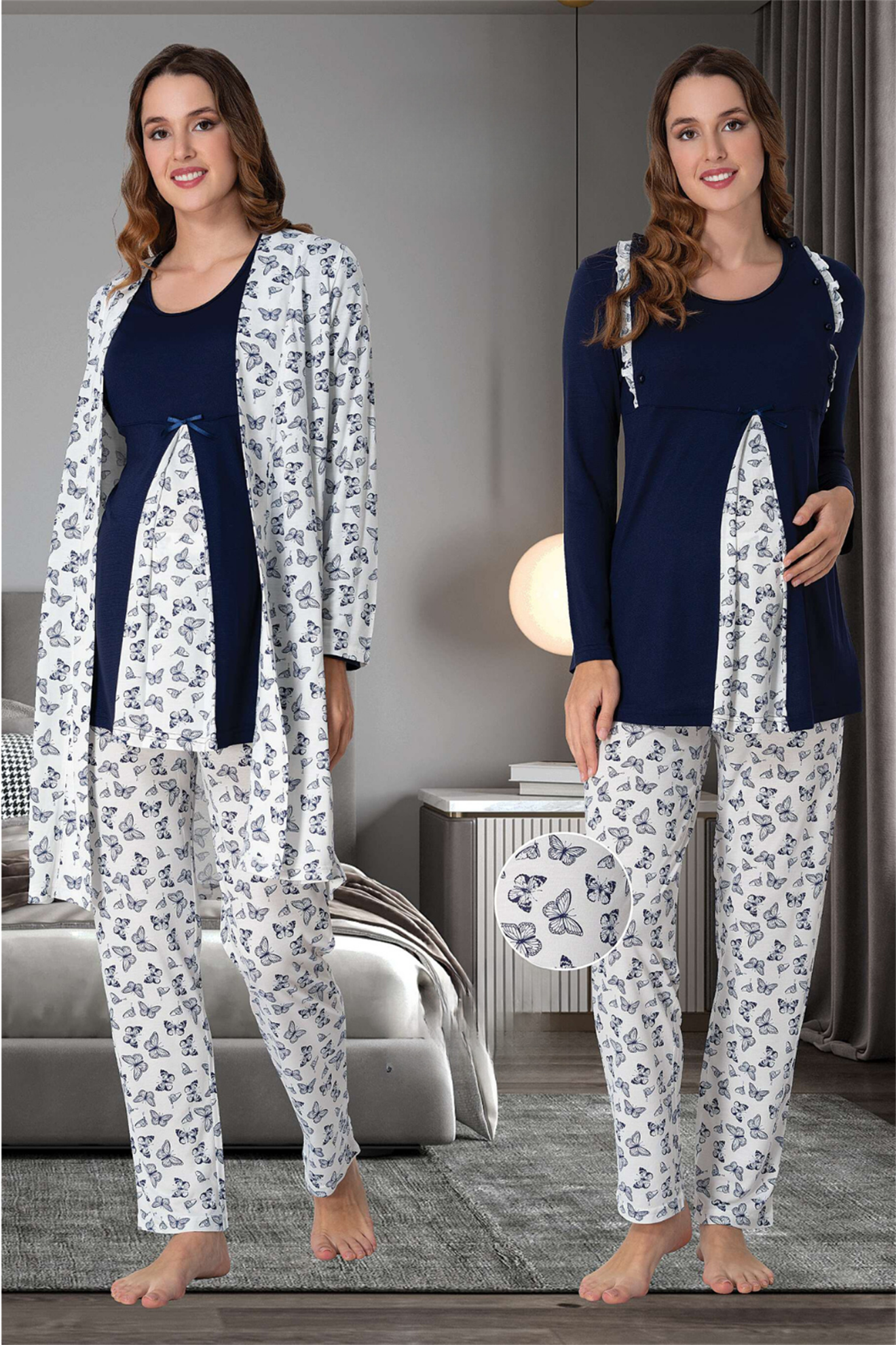 Effortt 9068 Lacivert Sabahlıklı Lohusa Pijama