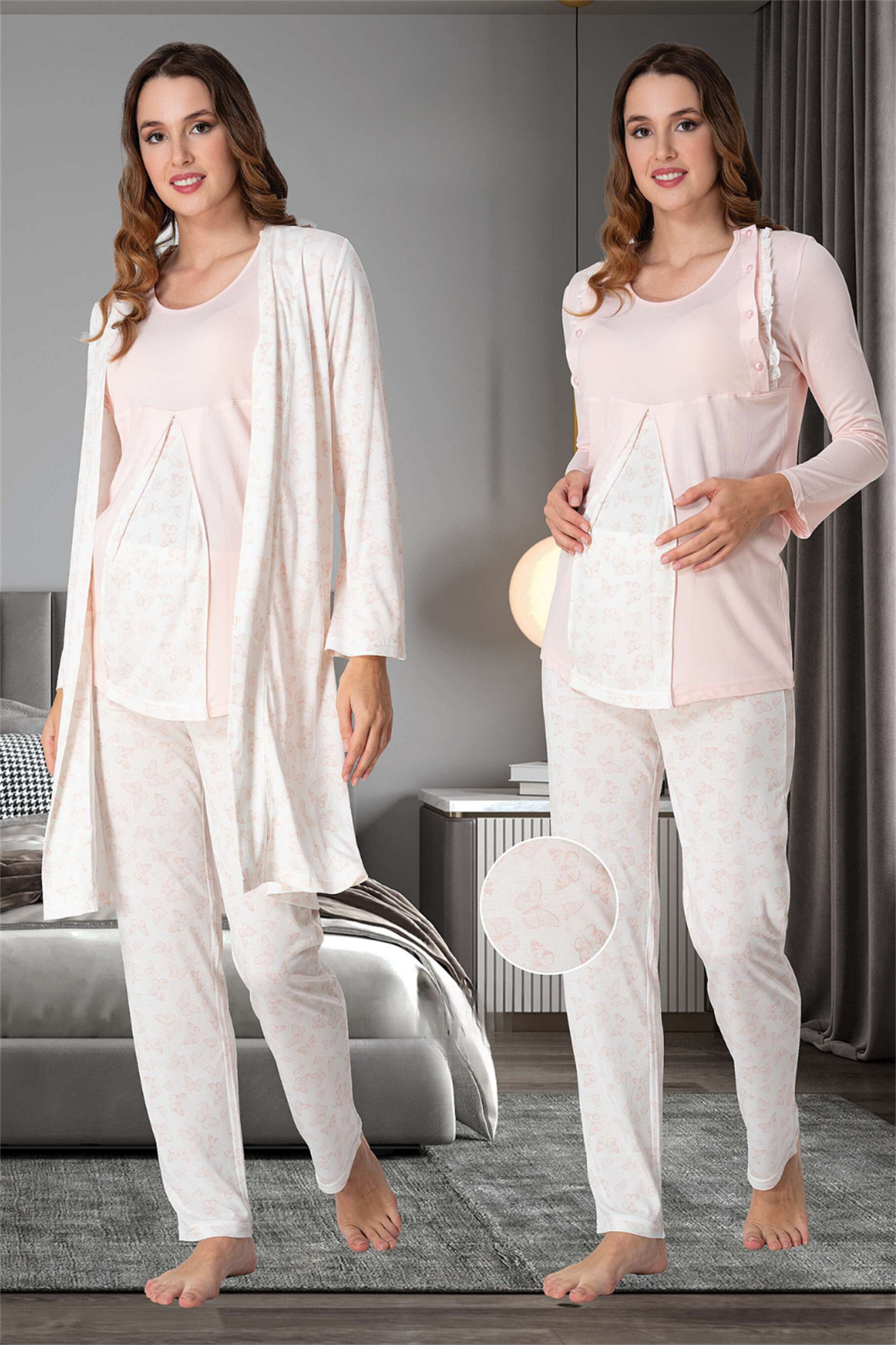 Effortt 9068 Pudra Sabahlıklı Lohusa Pijama
