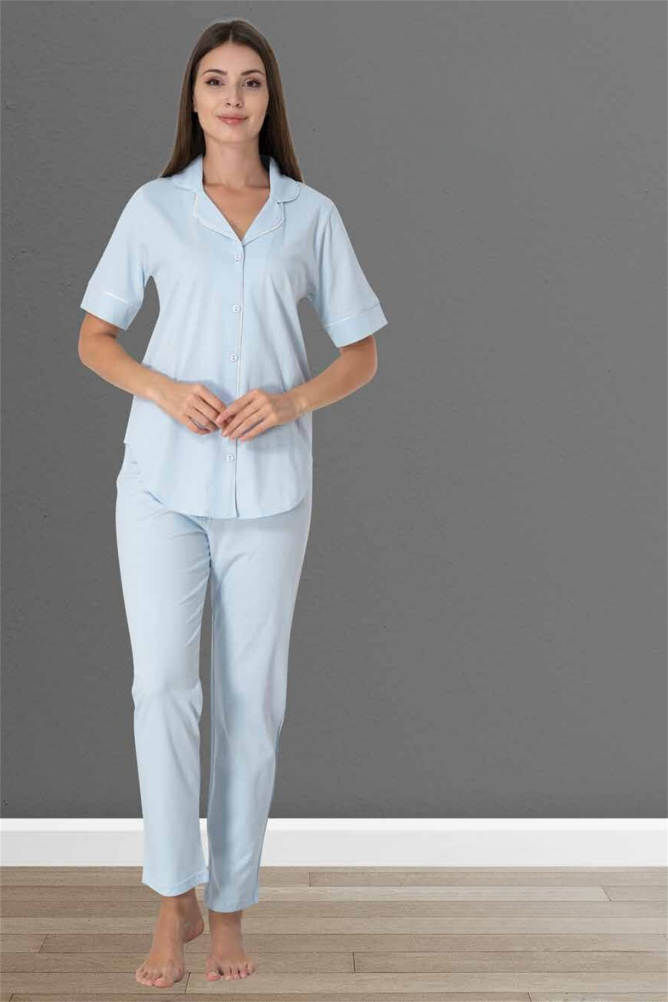 Elegans Model Mavi Önden Düğmeli Lohusa Pijama Takım
