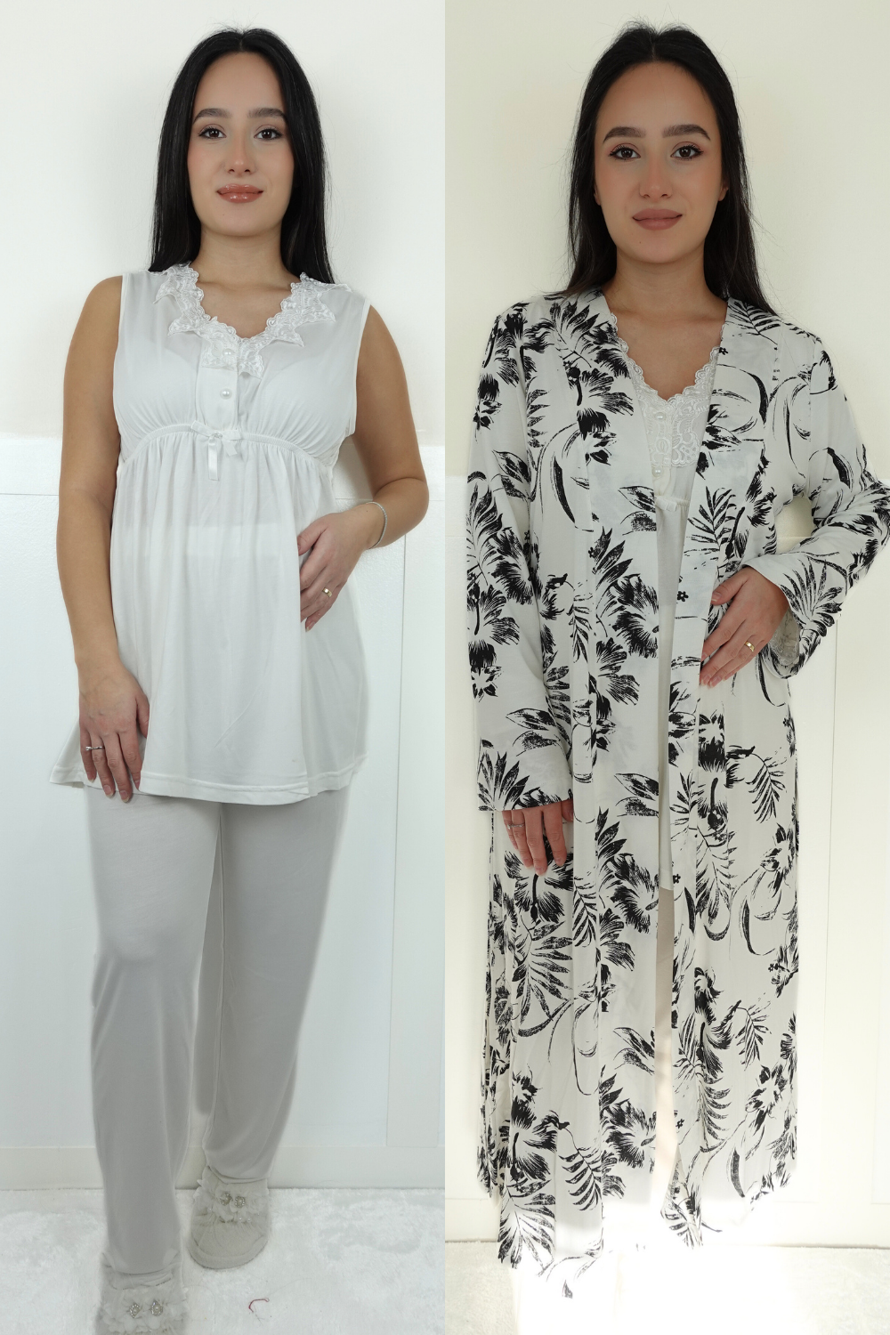 Linen Model Ekru Desenli Sabahlıklı Lohusa Pijama