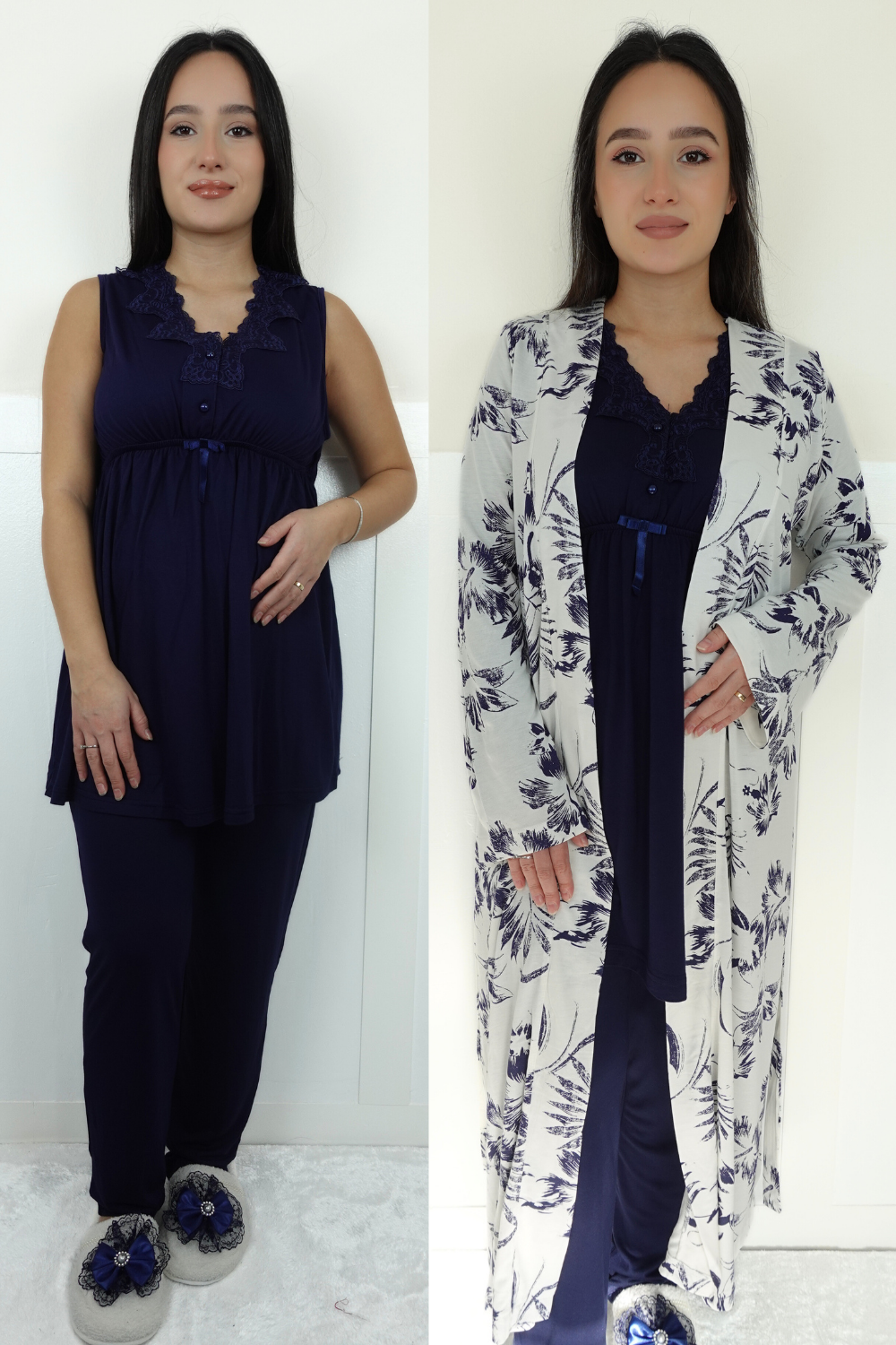Linen Model Lacivert Desenli Sabahlıklı Lohusa Pijama