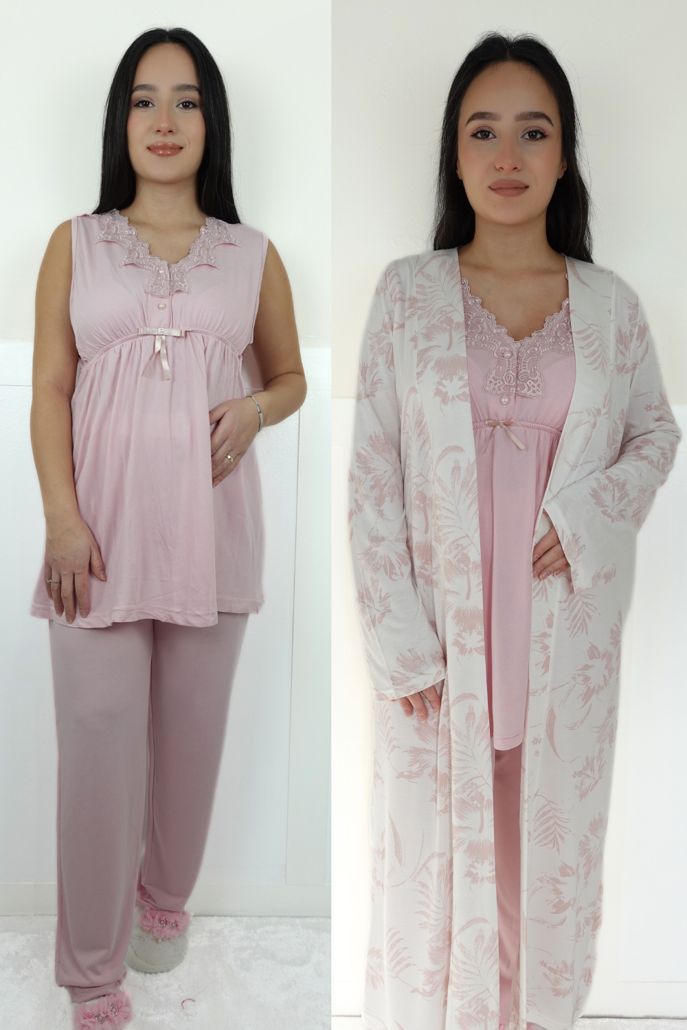 Linen Model Pudra Desenli Sabahlıklı Lohusa Pijama
