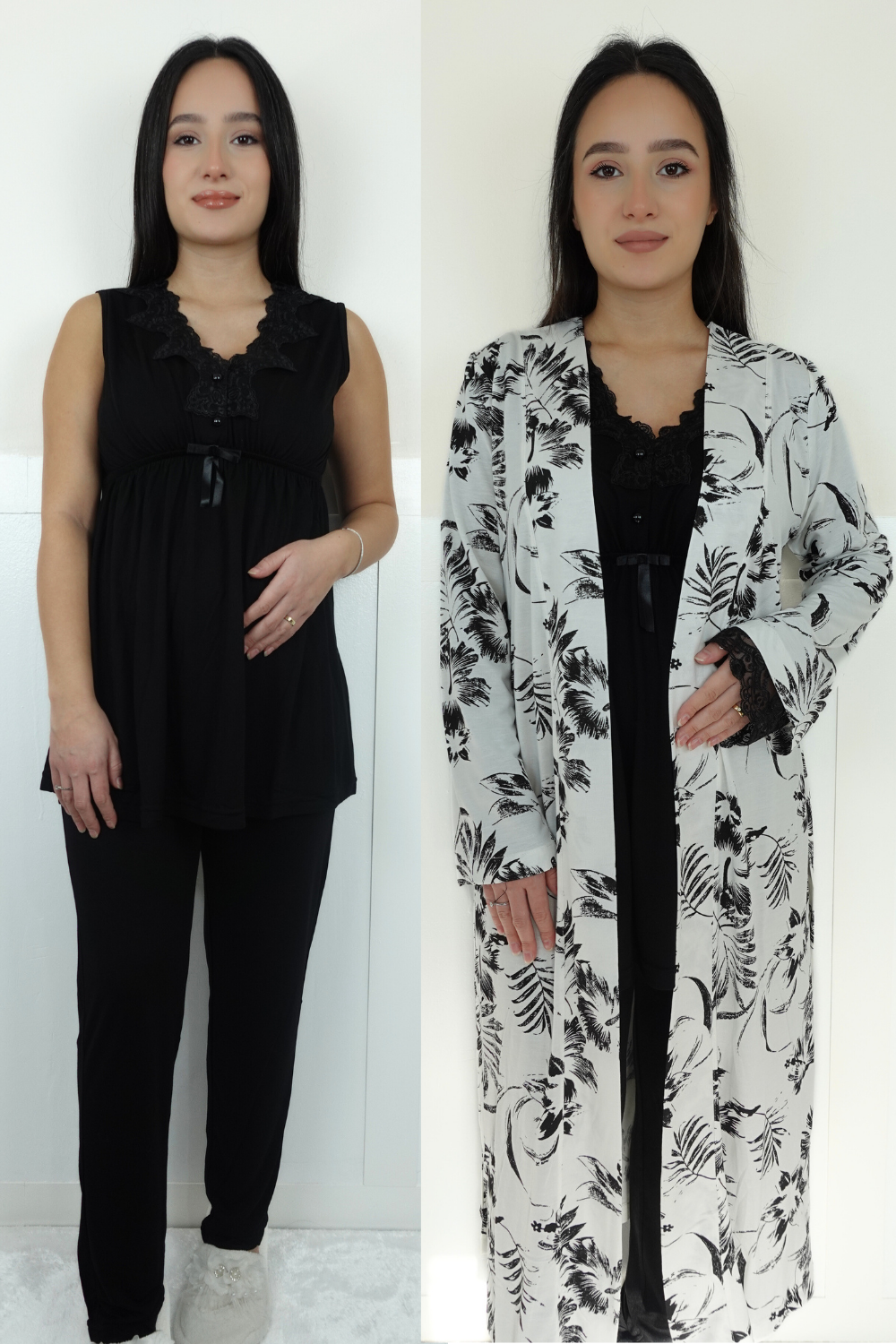 Linen Model Siyah Desenli Sabahlıklı Lohusa Pijama