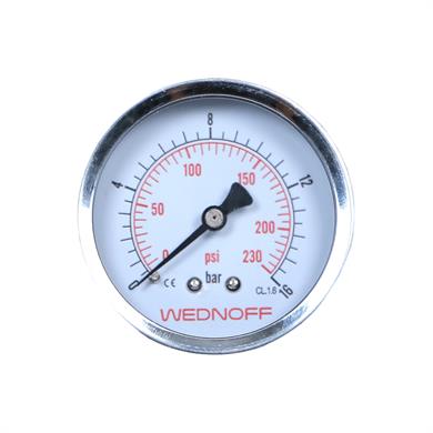 WEDNOFF markalı, 0-16 bar ve 0-230 psi çift skalalı, 63mm pano tipi manometrenin sade tasarımlı kırmızı-siyah renkli kadranının önden görünümü.