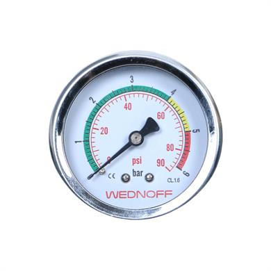 WEDNOFF marka 0-6 bar ölçüm aralığına sahip 63mm G1/4 pano tipi bourdon tüplü manometrenin ön cepheden görünümü; bar ve psi göstergeli kadranı.