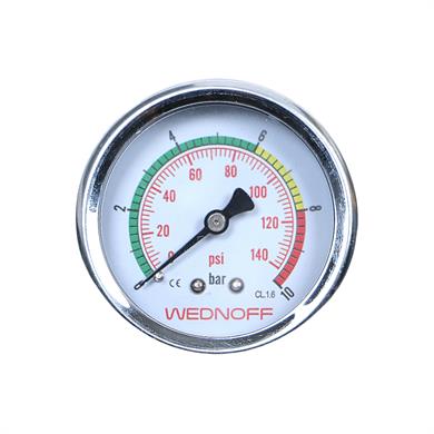 WEDNOFF 0-10 bar pano tipi basınç ölçerin (manometre) CL 1.6 hassasiyet sınıfını gösteren kadranı; 0-140 psi ve 0-10 bar çift skalalı ön görünümü.