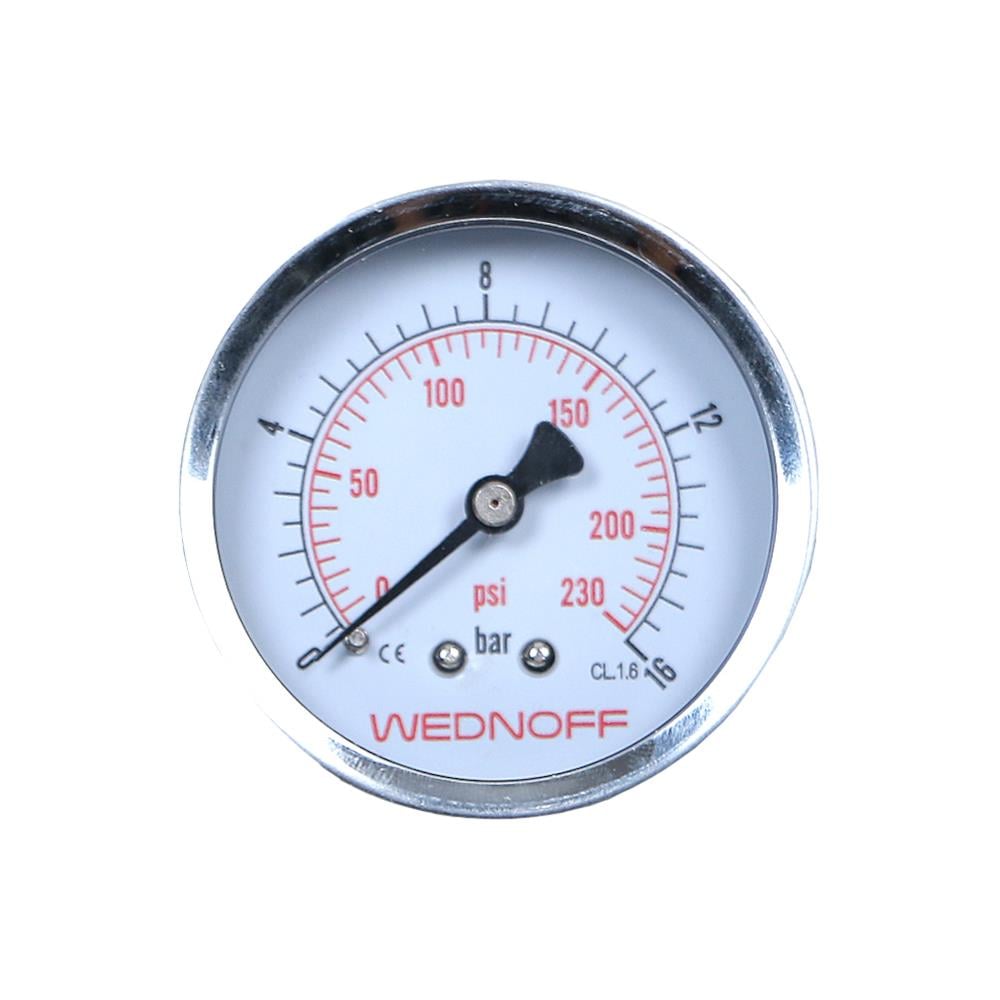 WEDNOFF markalı, 0-16 bar ve 0-230 psi çift skalalı, 63mm pano tipi manometrenin sade tasarımlı kırmızı-siyah renkli kadranının önden görünümü.