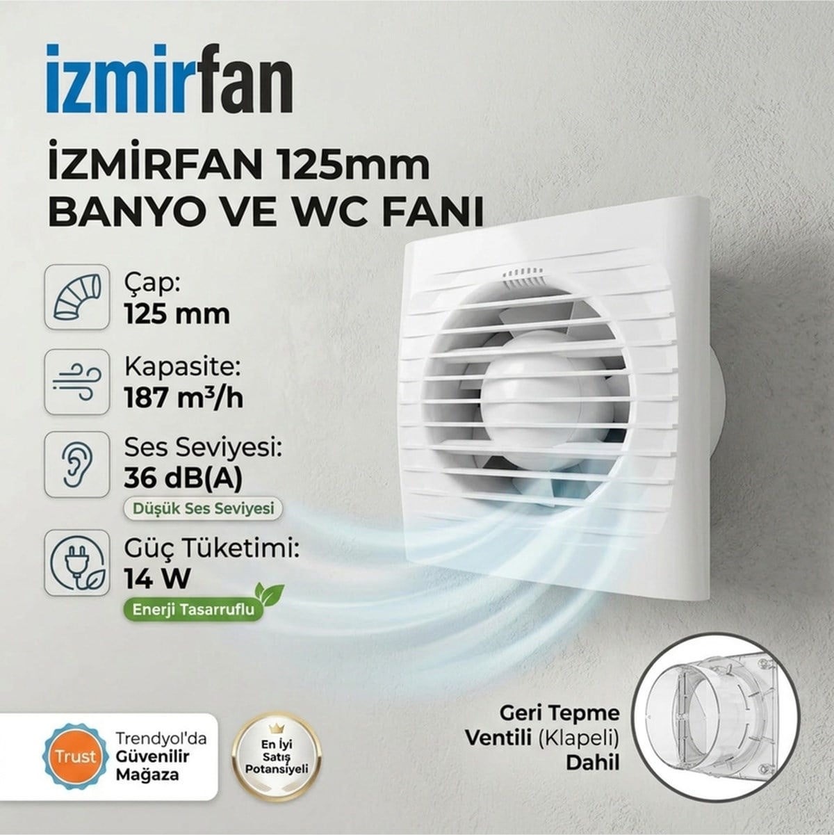 VenteuropeEasy 125 Bd Kapaklı Banyo Wc Aspiratör Fanı 12.5 Cm Sessiz Havalandırma Fanı 125 Mm 125MM