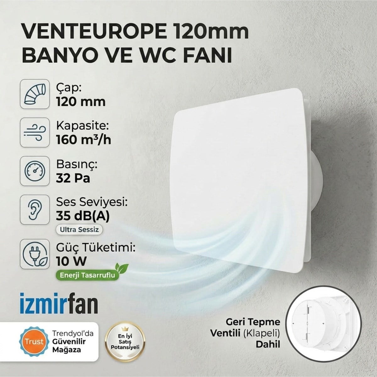 VenteuropeJoy 120 Bd 12 Cm Banyo & Tuvalet Aspiratörü Sessiz Ve Güçlü Klapeli Fan 120 MM