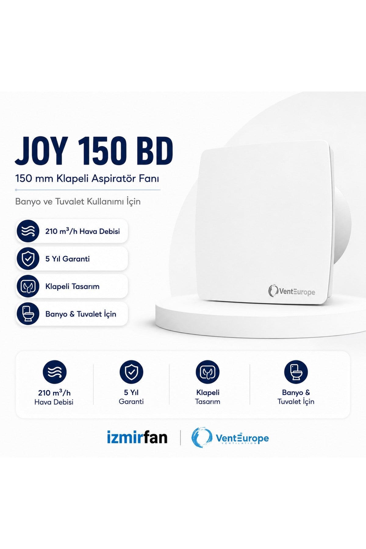 VenteuropeJOY 150 BD (210m³/h) Banyo ve Tuvalet Aspiratörü Banyo Fanı (Klapeli)