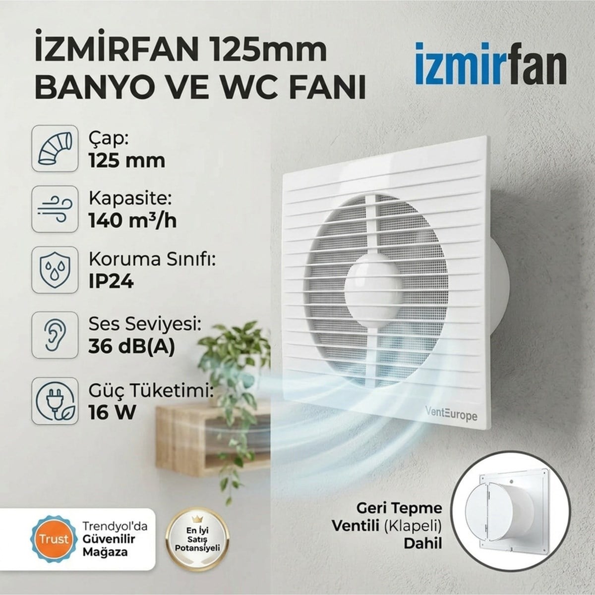 VenteuropeRefined 125 Bd 12.5 Cm Kapaklı Banyo Wc Aspiratör Havalandırma Fanı Sessiz 125MM