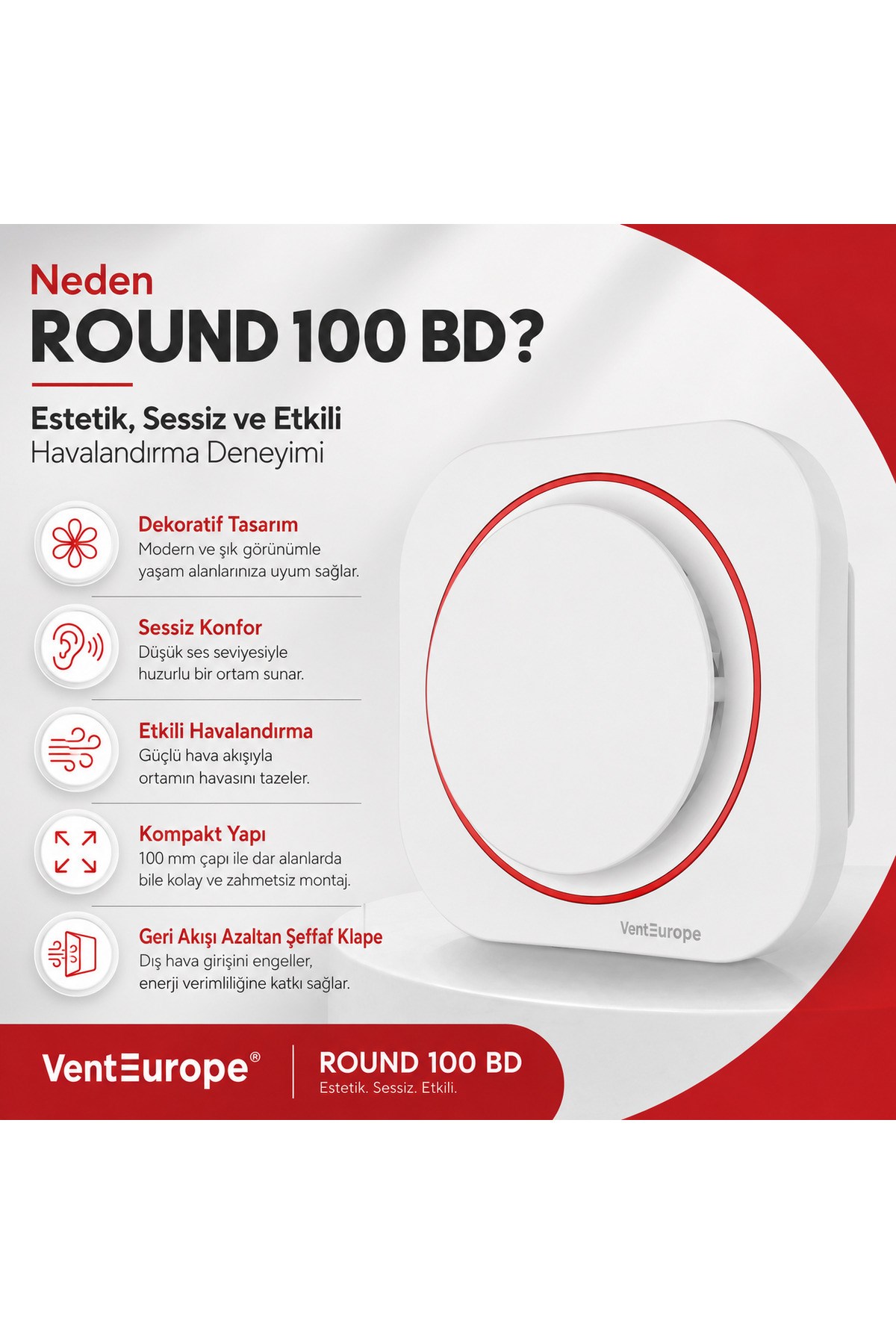 VenteuropeRound 100 BD – 10’luk Sessiz Yuvarlak Banyo Aspiratörü