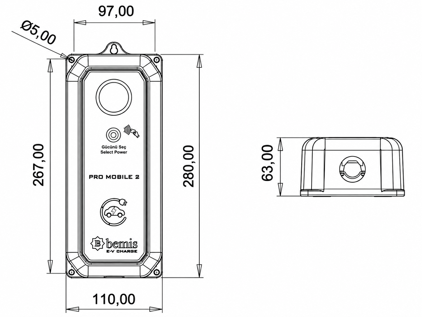 BEMIS Pro Mobile 2 teknik ölçü çizimi