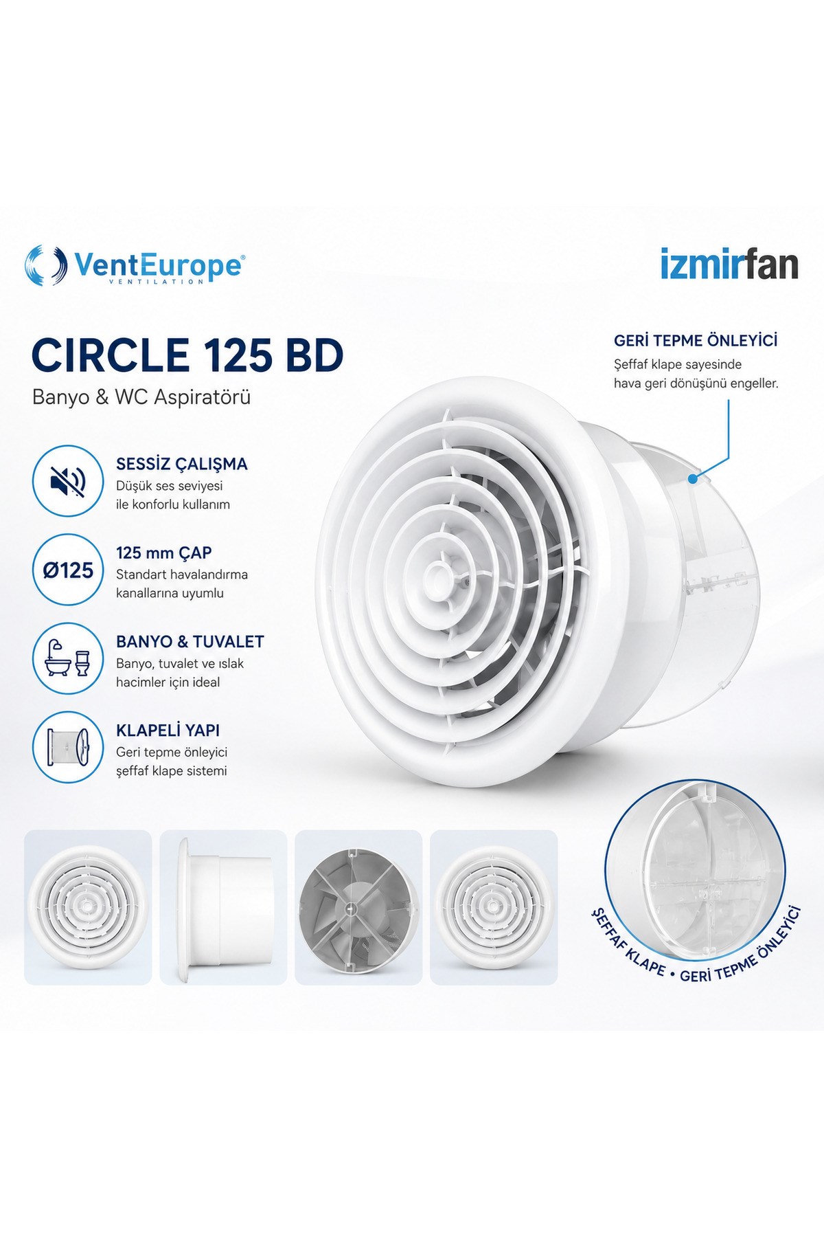 VenteuropeCircle 125 BD – 12.5’luk Yuvarlak Sessiz Banyo Aspiratörü – Klapeli 125 mm Havalandırma