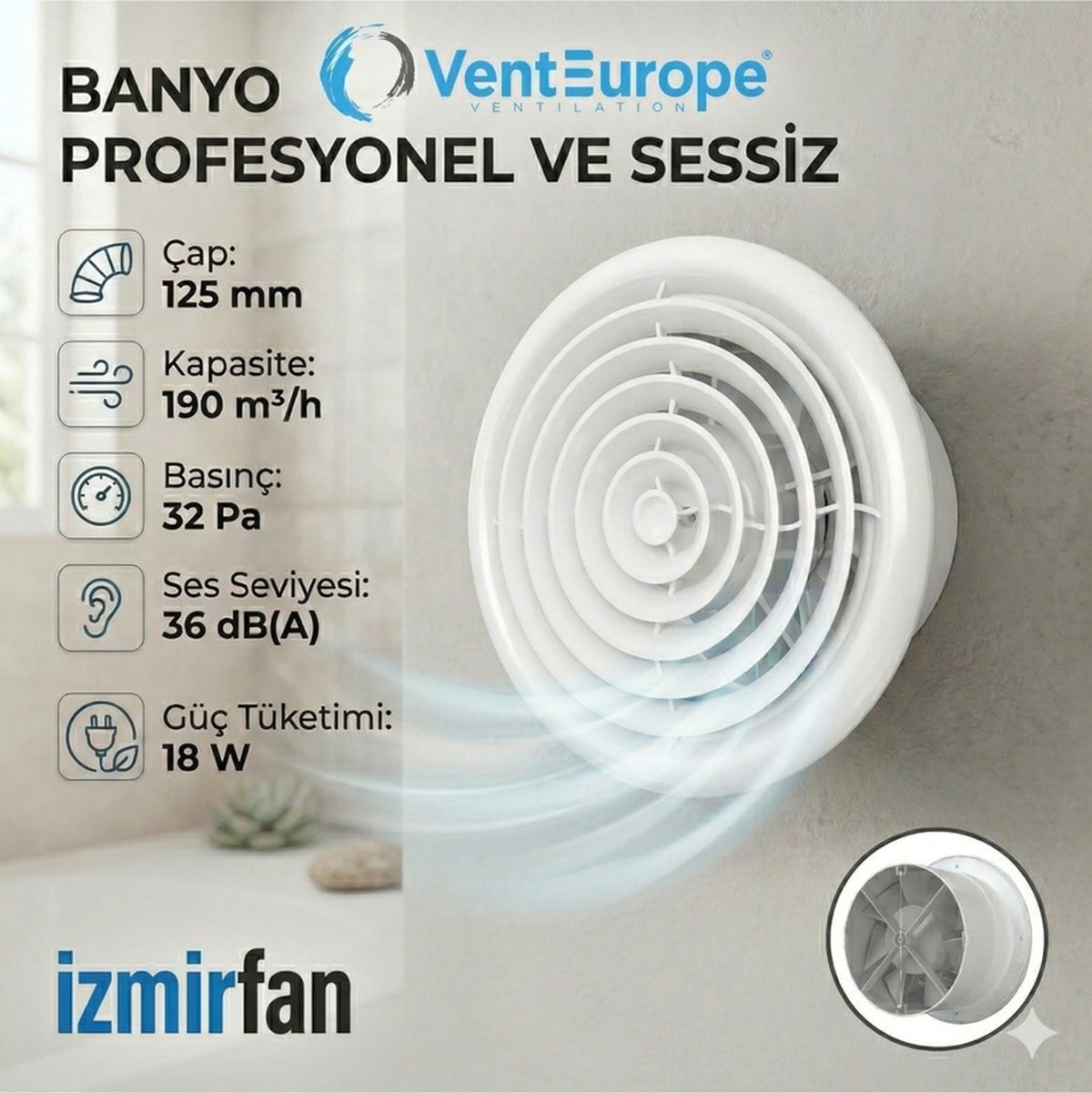 VenteuropeCircle 125 Bd 12.5 Luk Yuvarlak Sessiz Banyo Aspiratörü Klapeli 125 Mm Havalandırma 125MM