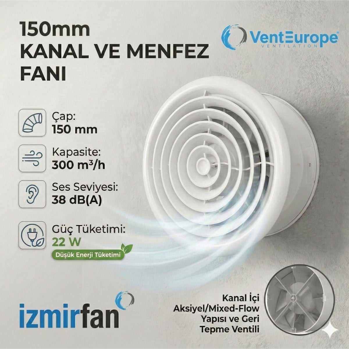 VenteuropeCircle 150 Bd 15 Lik Yuvarlak Sessiz Banyo Aspiratörü Klapeli 150 Mm Havalandırma 150 MM