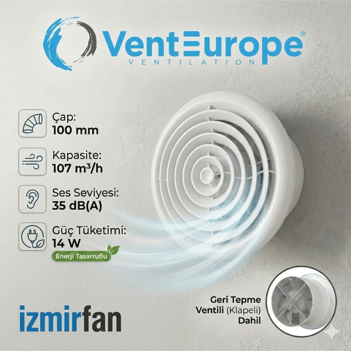 VenteuropeCircle Bd 100 10 Luk Yuvarlak Sessiz Banyo Aspiratörü Klapeli Dairesel Havalandırma 100 MM