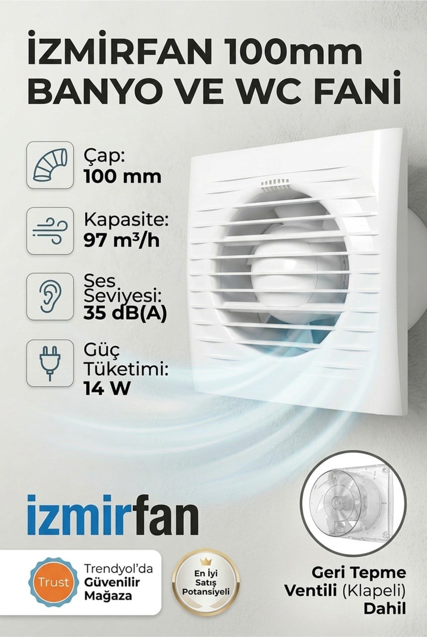 VenteuropeEasy 100 Bd Kapaklı Banyo Wc Aspiratör Fanı 10 Cm Sessiz Havalandırma Fanı 100 Mm 100 MM