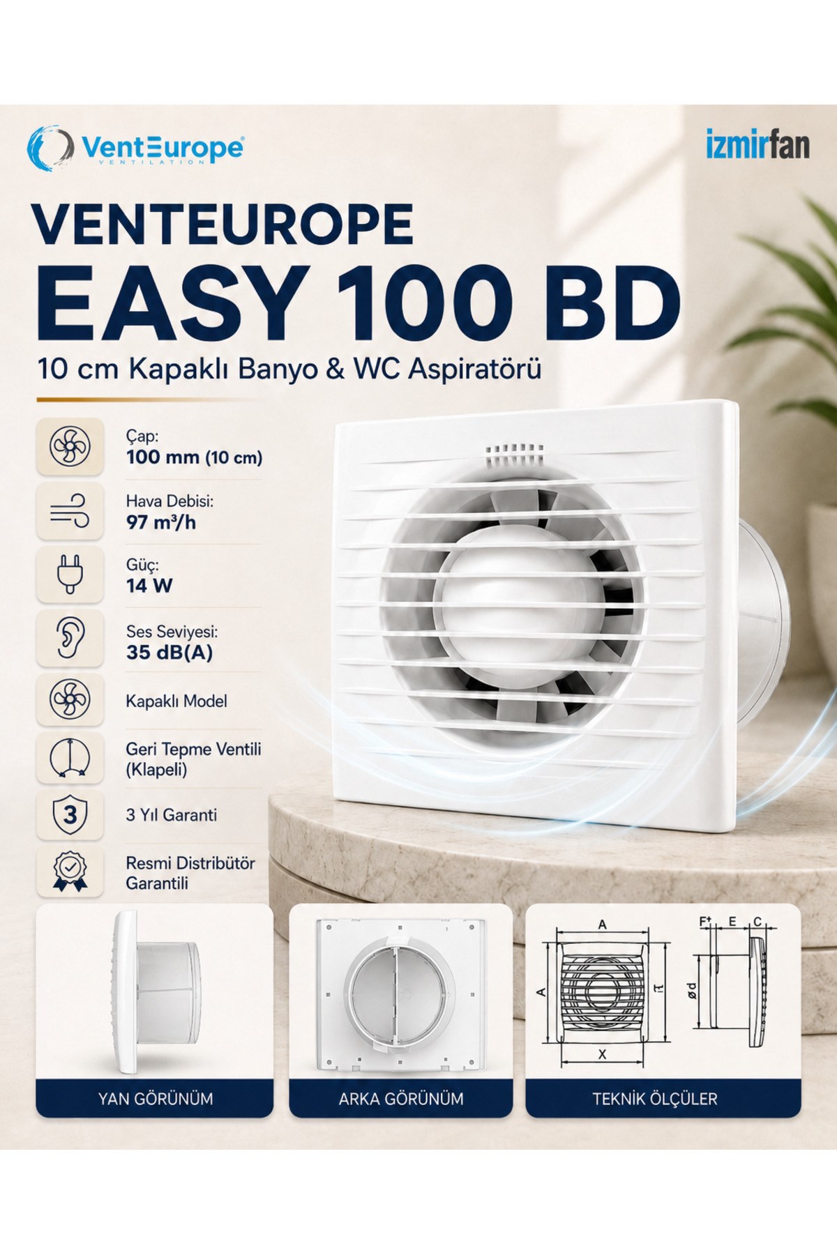 VenteuropeEasy 100 BD Kapaklı Banyo WC Aspiratör Fanı 10 cm Sessiz Havalandırma Fanı 100 mm