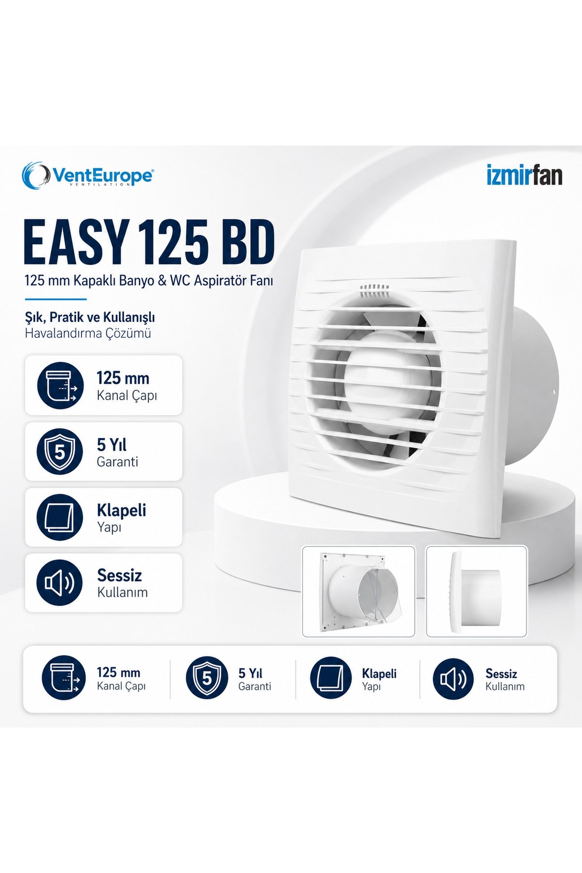VenteuropeEasy 125 BD Kapaklı Banyo WC Aspiratör Fanı 12.5 cm Sessiz Havalandırma Fanı 125 mm