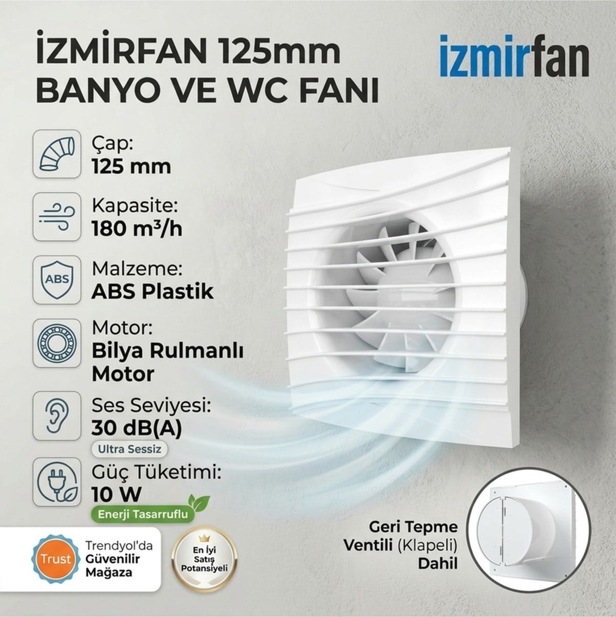 VenteuropeFancy Kapaklı Aspiratör Fan 12.5 Cm Banyo & Tuvalet Havalandırma 125mm 125MM