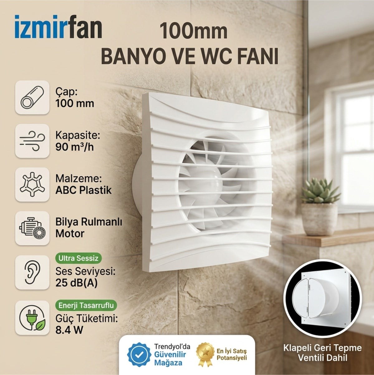 VenteuropeFancy Kapaklı Aspiratör Fan 10 Cm Banyo & Tuvalet Havalandırma 100 MM