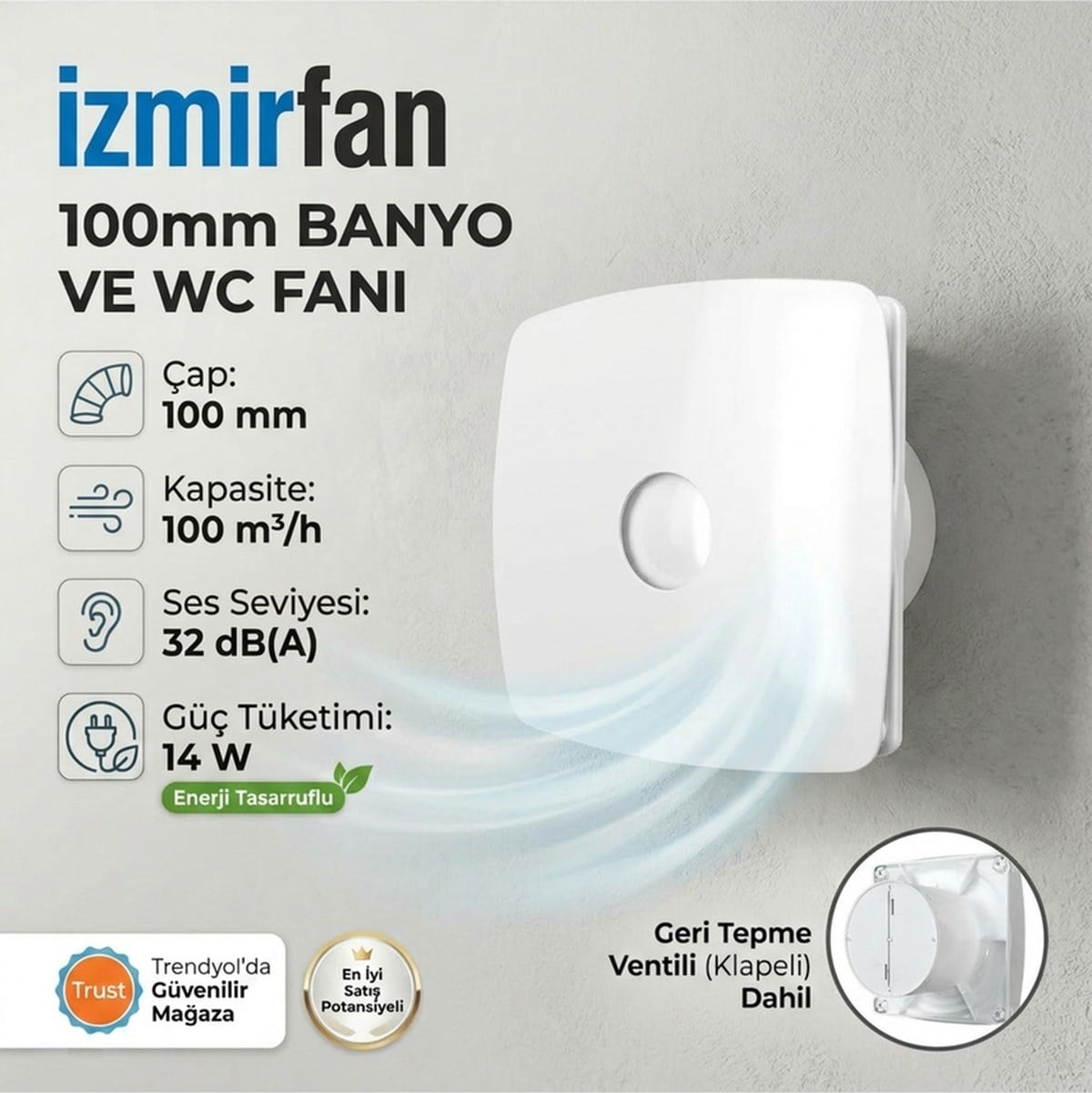 VenteuropeFine 100 Bd Dekoratif Sessiz Banyo Fanı - Geri Tepme Valfli Mutfak Ve Wc Aspiratörü 100 MM