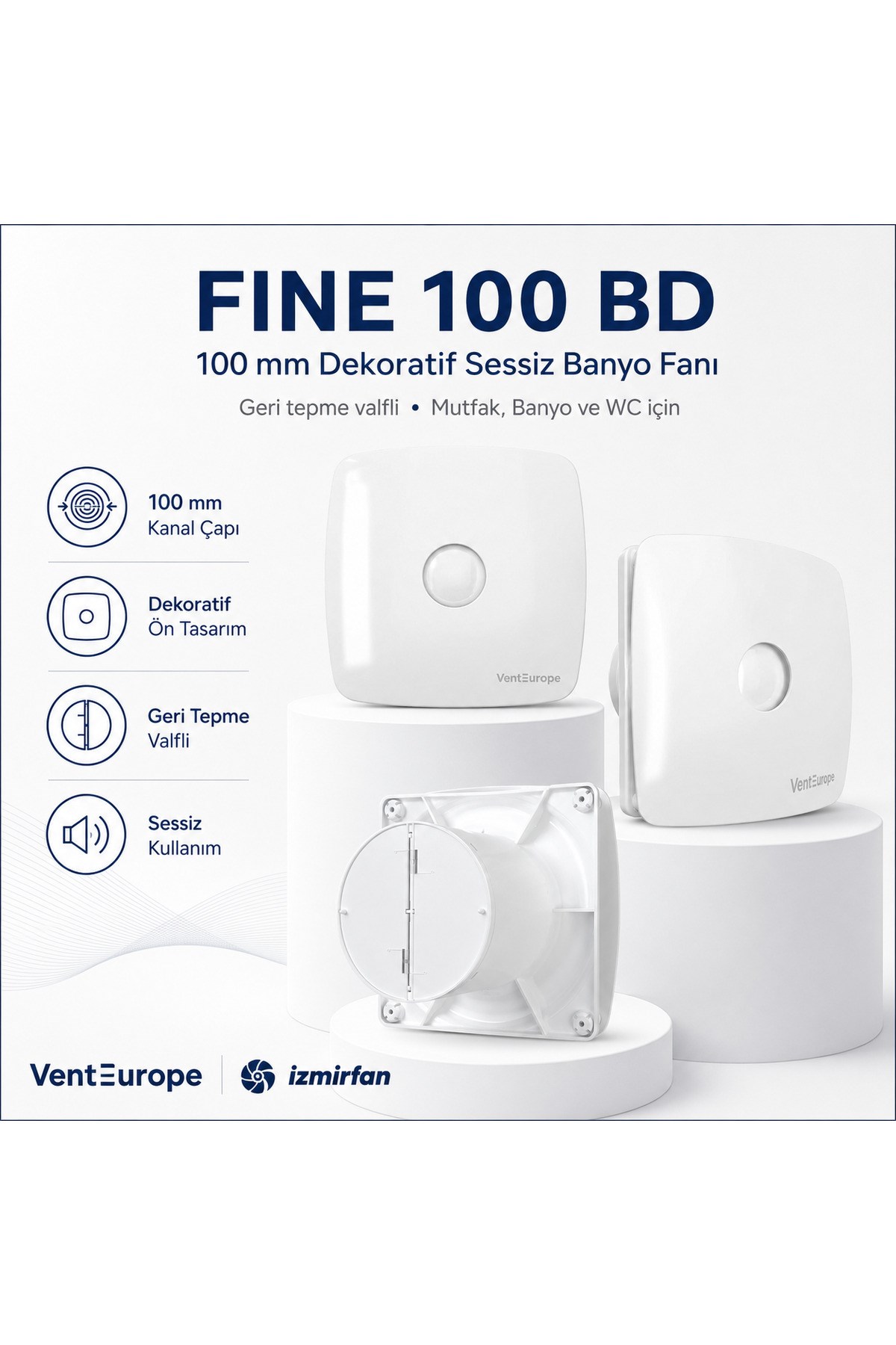 VenteuropeFine 100 BD Dekoratif Sessiz Banyo Fanı - Geri Tepme Valfli Mutfak ve WC Aspiratörü