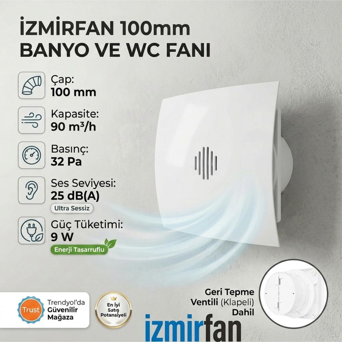 VenteuropeFresh Bd 100 Kapaklı Banyo Wc Aspiratör Fanı 10 Cm Sessiz Havalandırma Fanı 100 Mm 100 MM
