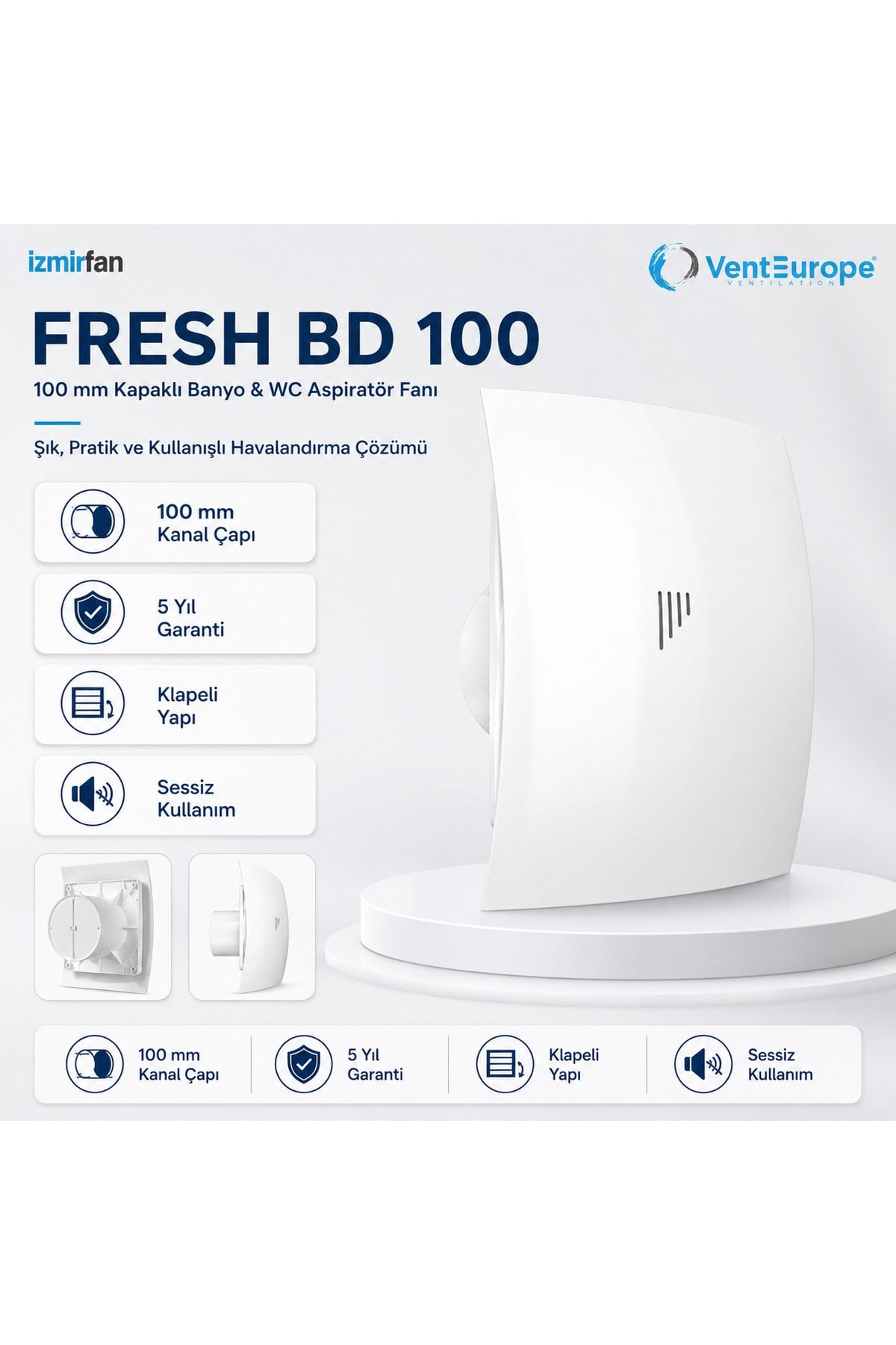VenteuropeFresh BD 100 Kapaklı Banyo WC Aspiratör Fanı 10 cm Sessiz Havalandırma Fanı 100 mm