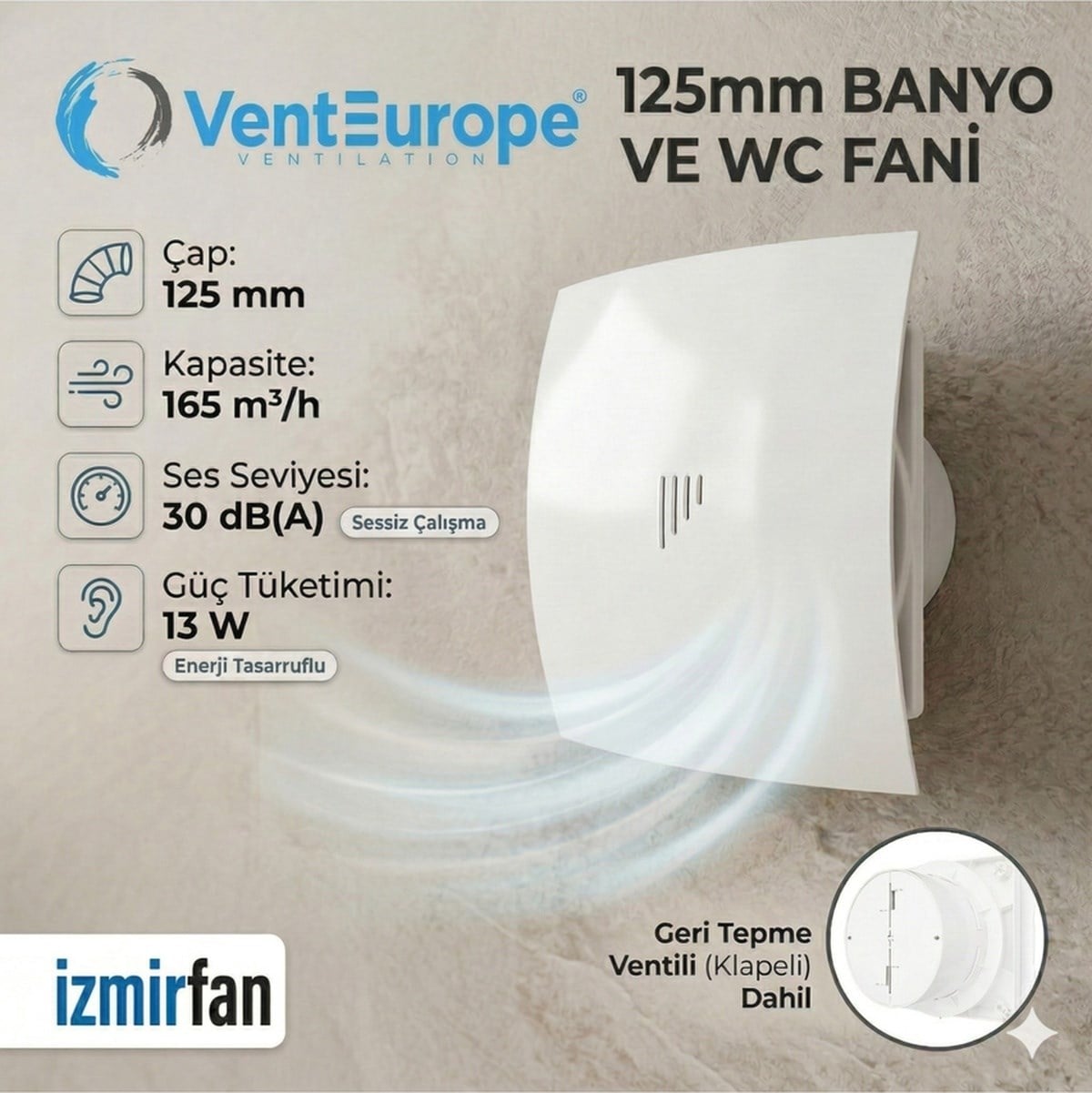 VenteuropeFresh Bd 125 12,5 Luk Sessiz Banyo Aspiratörü Kapaklı Tuvalet Havalandırma Fanı 125MM