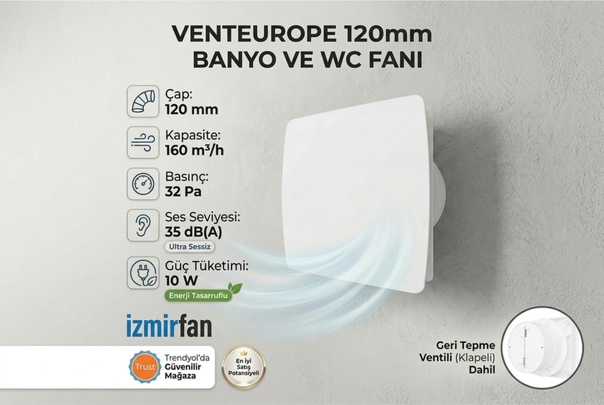 VenteuropeJoy 100 Bd 105m/h Banyo Ve Tuvalet Aspiratörü Klapeli Fan 100 MM
