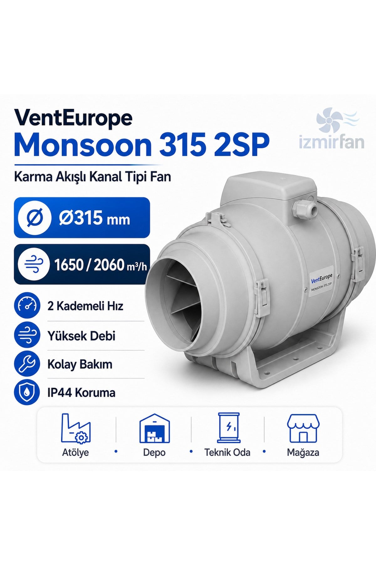VenteuropeMonsoon 315 2SP Karma Akışlı Kanal Tipi Fan 1650/2060 m³/h Ø315 mm