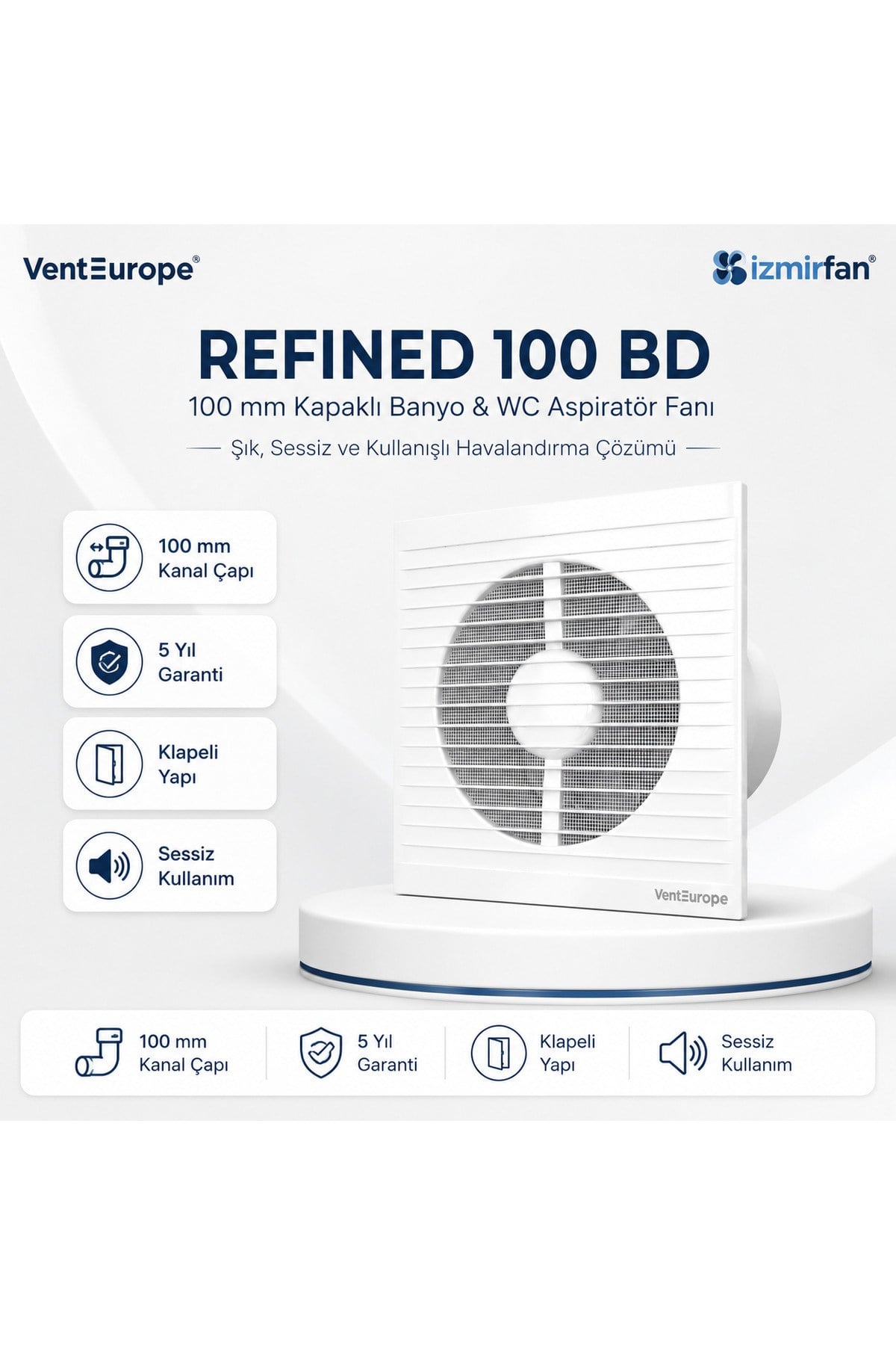 VenteuropeRefined 100 BD 10 cm Kapaklı Banyo WC Aspiratör Havalandırma Fanı Sessiz